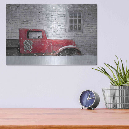 Luxe Metal Art 'Christmas Truck with Plaid Bow' by Lori Deiter, Metal Wall Art,16x12