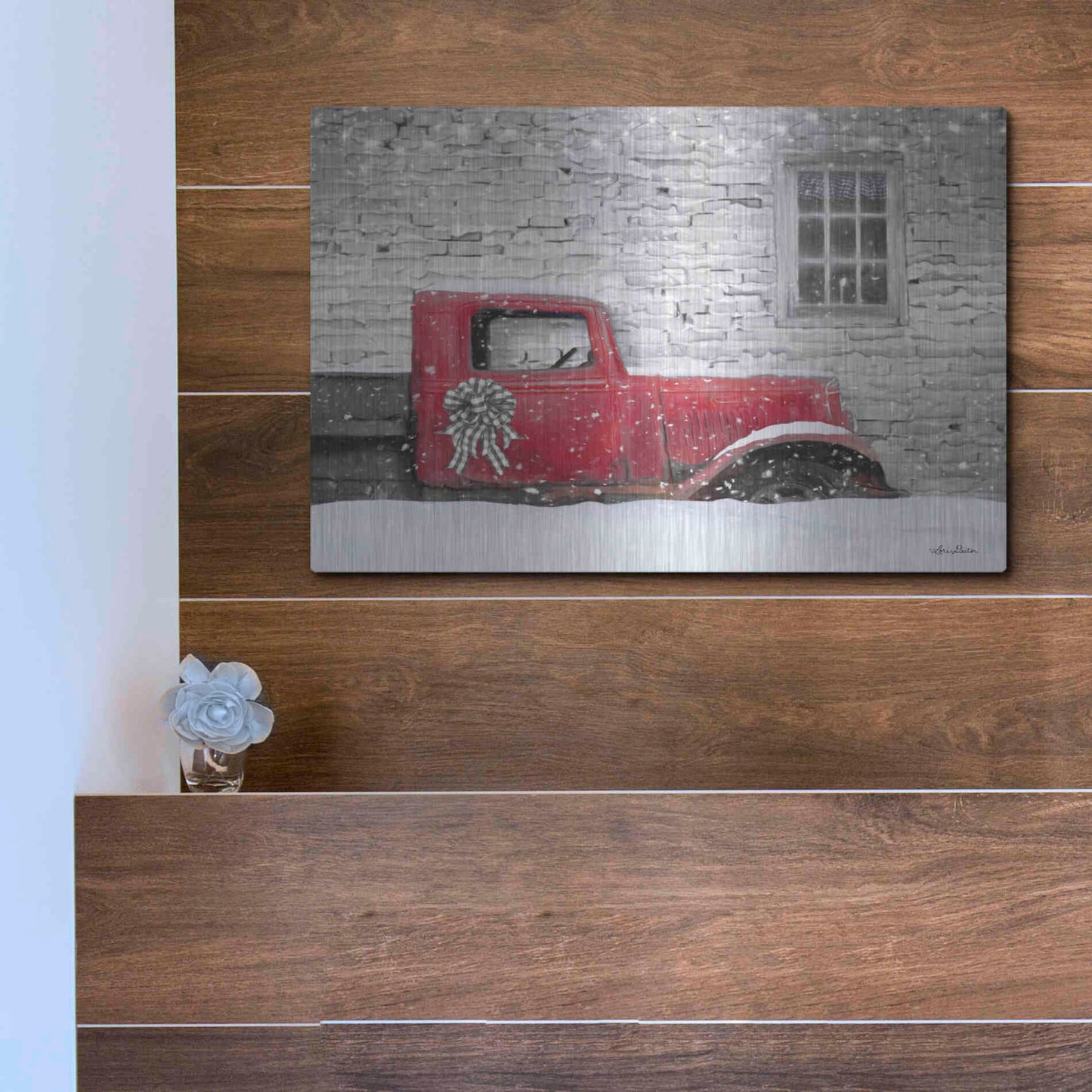 Luxe Metal Art 'Christmas Truck with Plaid Bow' by Lori Deiter, Metal Wall Art,16x12