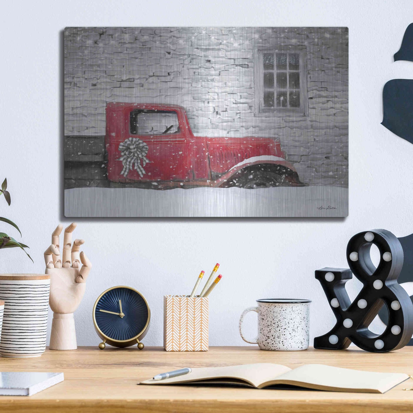 Luxe Metal Art 'Christmas Truck with Plaid Bow' by Lori Deiter, Metal Wall Art,16x12