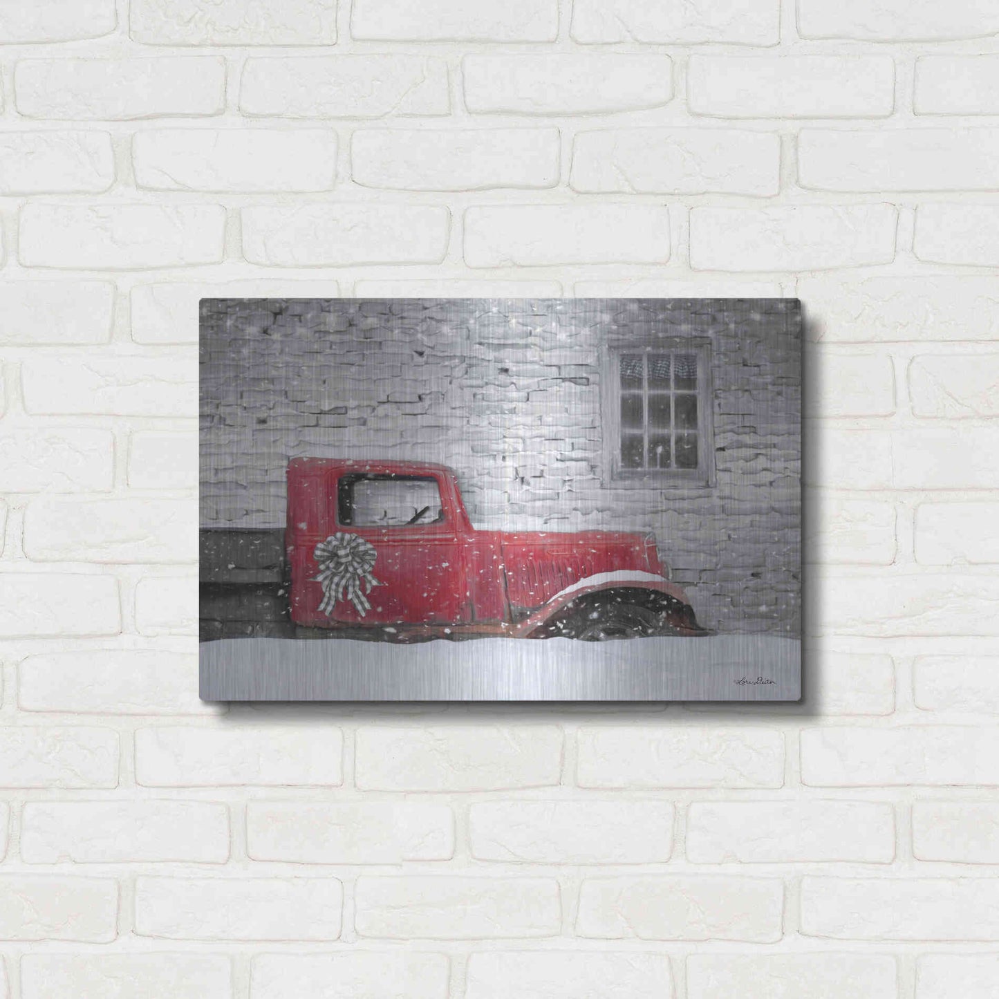 Luxe Metal Art 'Christmas Truck with Plaid Bow' by Lori Deiter, Metal Wall Art,24x16