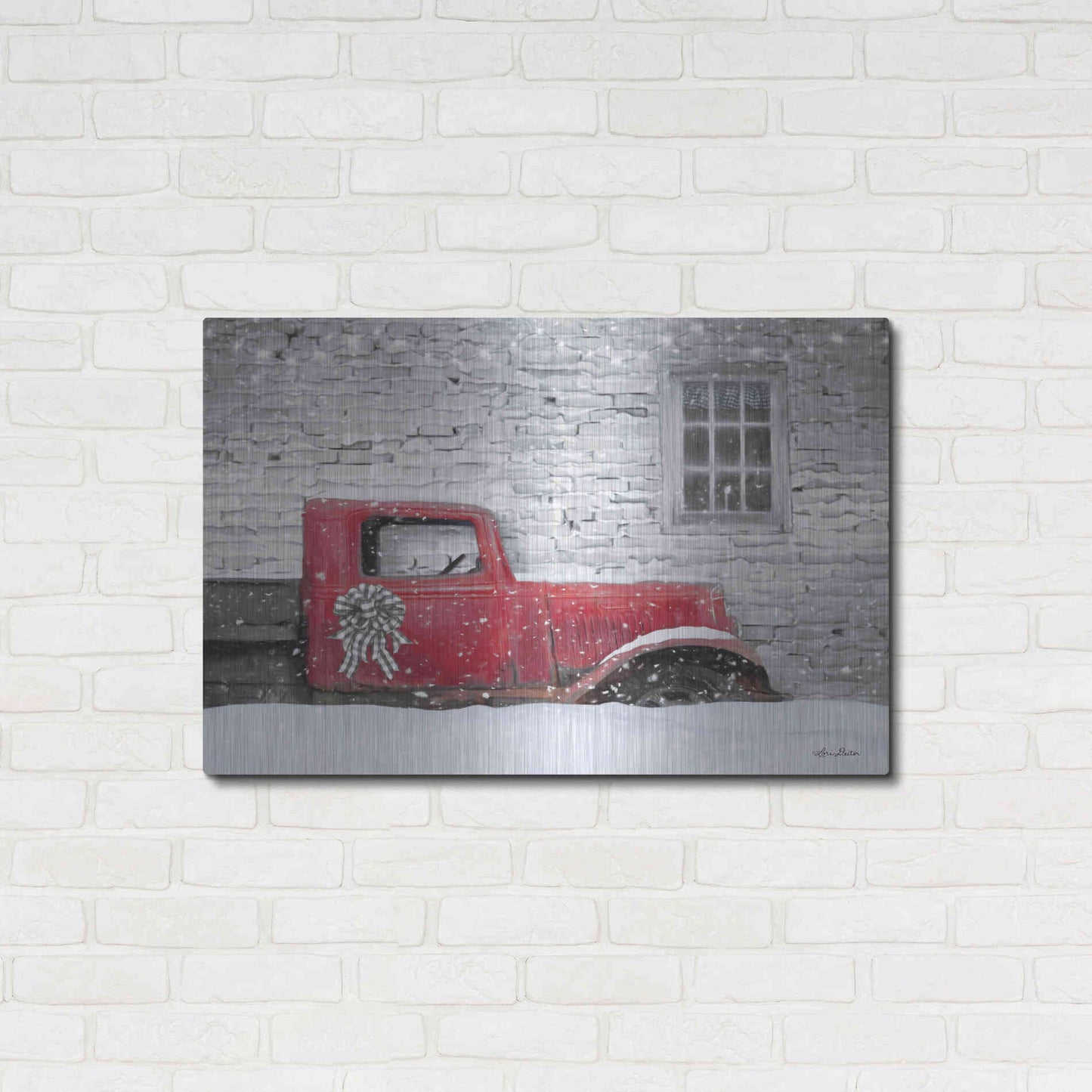 Luxe Metal Art 'Christmas Truck with Plaid Bow' by Lori Deiter, Metal Wall Art,36x24