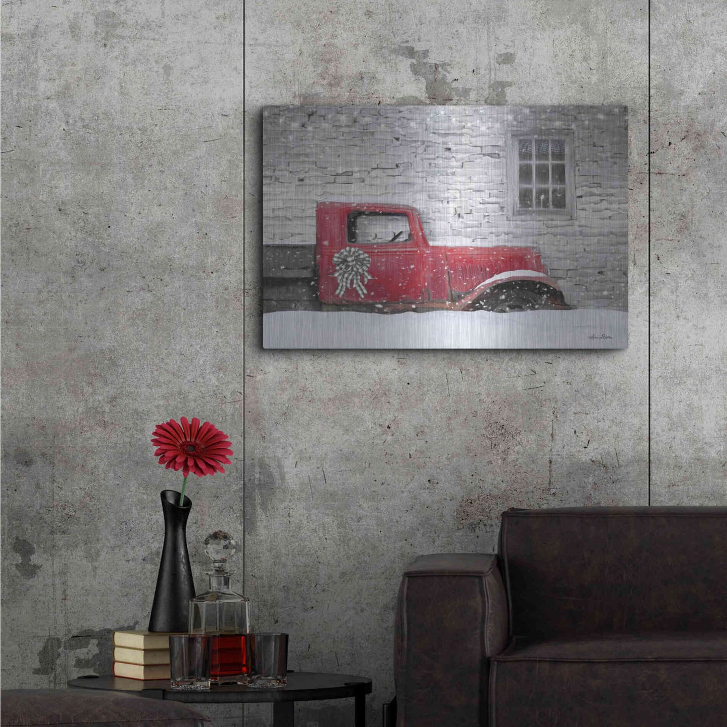 Luxe Metal Art 'Christmas Truck with Plaid Bow' by Lori Deiter, Metal Wall Art,36x24