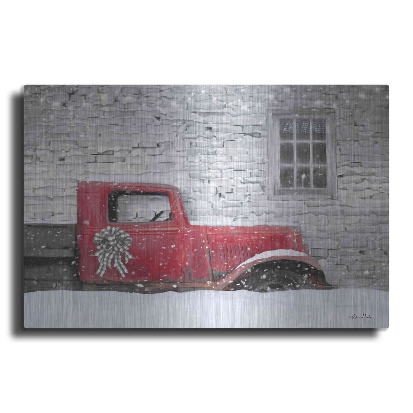 Luxe Metal Art 'Christmas Truck with Plaid Bow' by Lori Deiter, Metal Wall Art