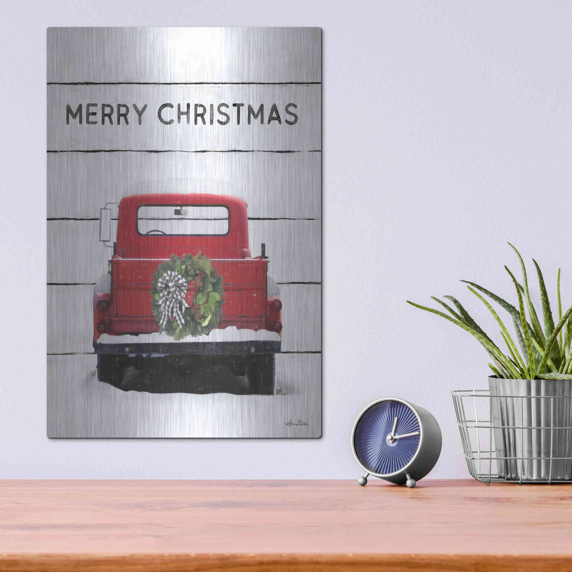 Luxe Metal Art 'Christmas Truck on Wood' by Lori Deiter, Metal Wall Art,12x16