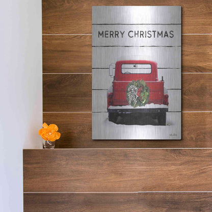 Luxe Metal Art 'Christmas Truck on Wood' by Lori Deiter, Metal Wall Art,12x16