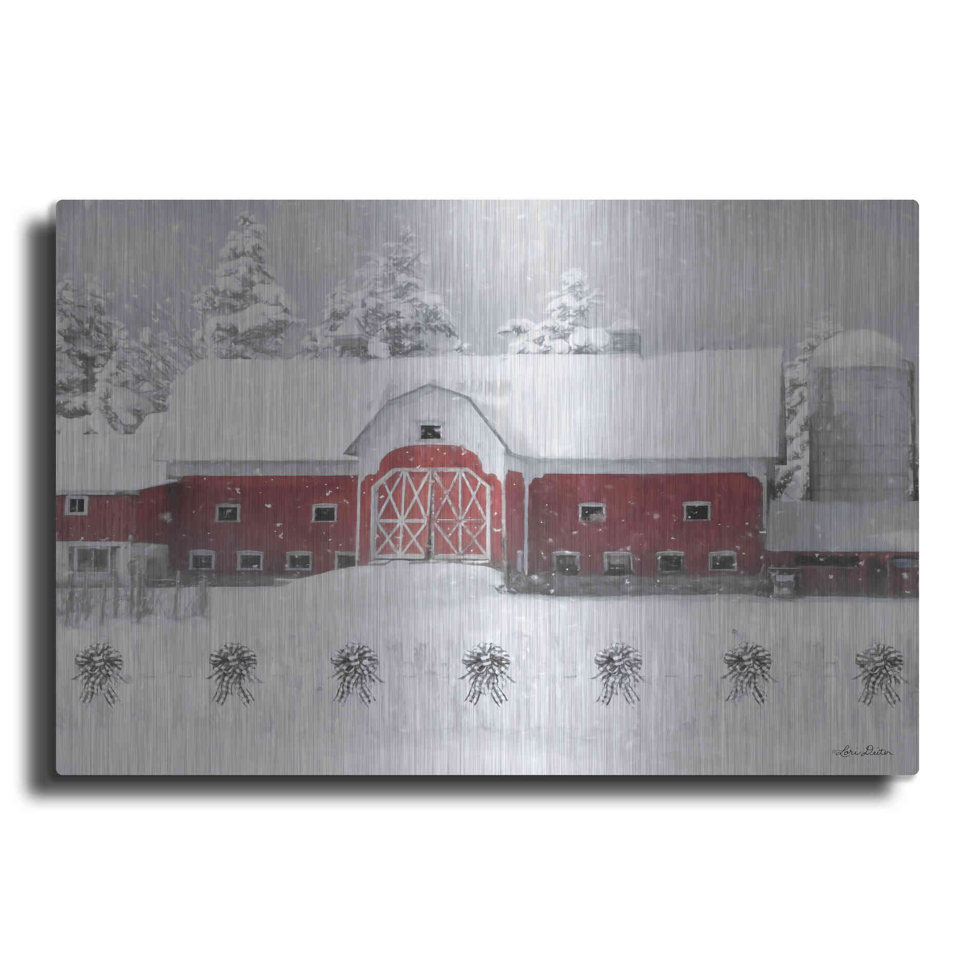 Luxe Metal Art 'Barn with Fence and Bows' by Lori Deiter, Metal Wall Art