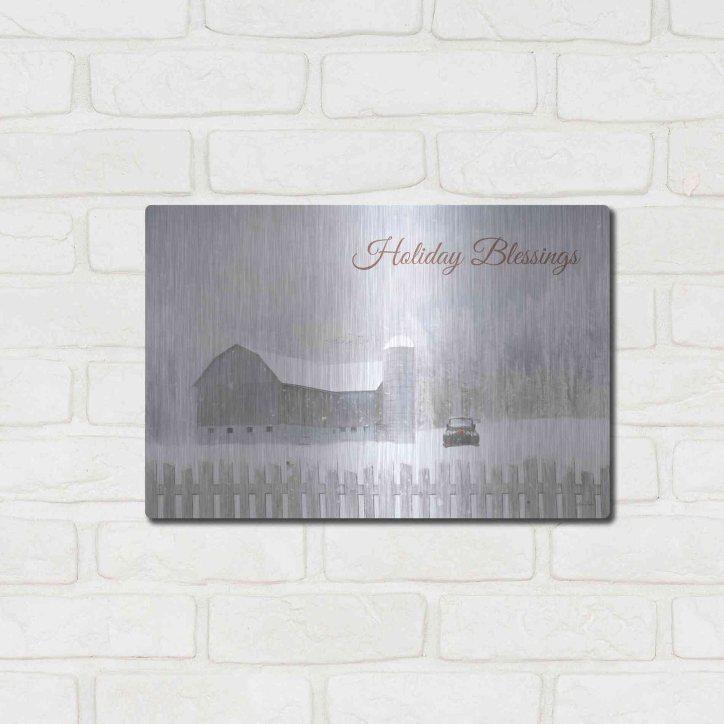 Luxe Metal Art 'Holiday Blessings with Truck' by Lori Deiter, Metal Wall Art,16x12
