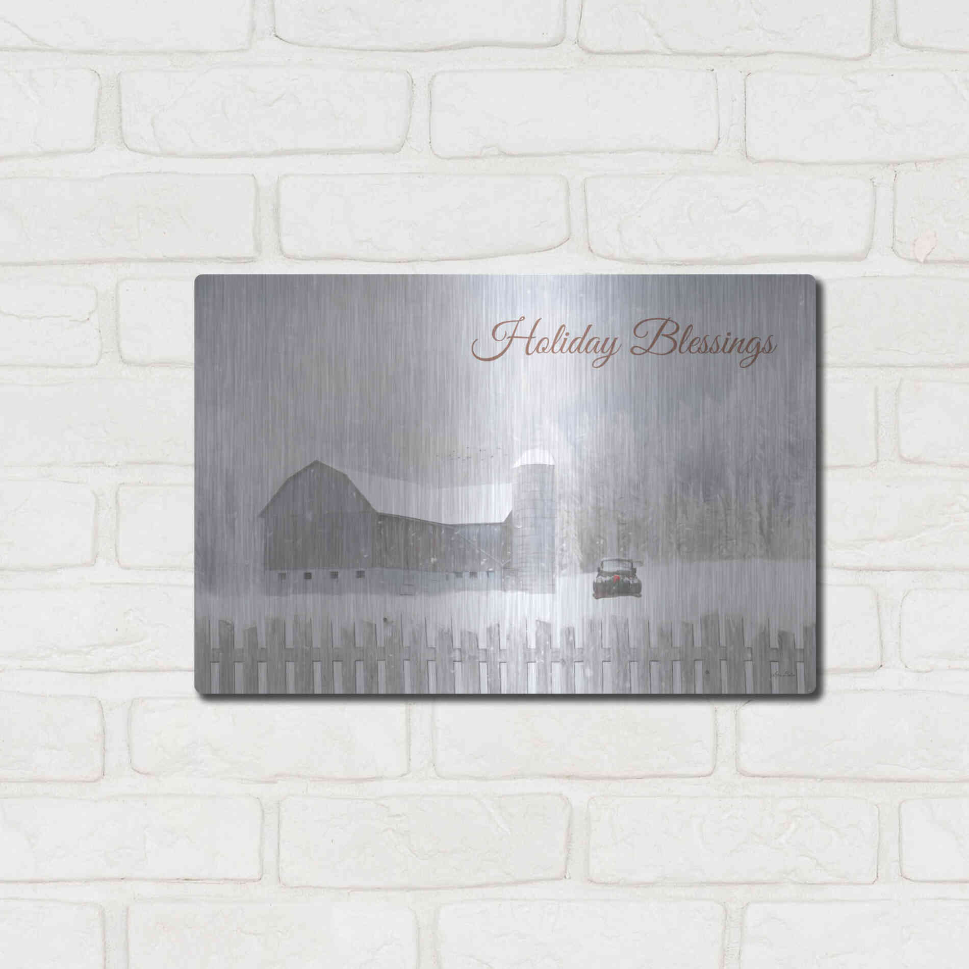 Luxe Metal Art 'Holiday Blessings with Truck' by Lori Deiter, Metal Wall Art,16x12