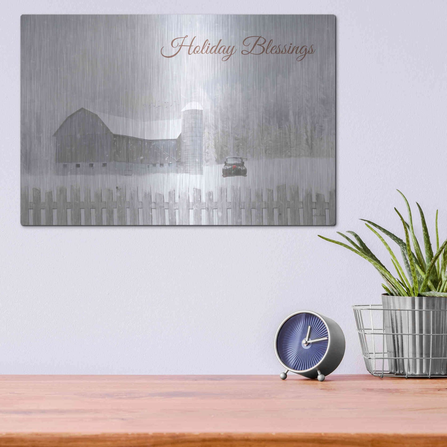 Luxe Metal Art 'Holiday Blessings with Truck' by Lori Deiter, Metal Wall Art,16x12