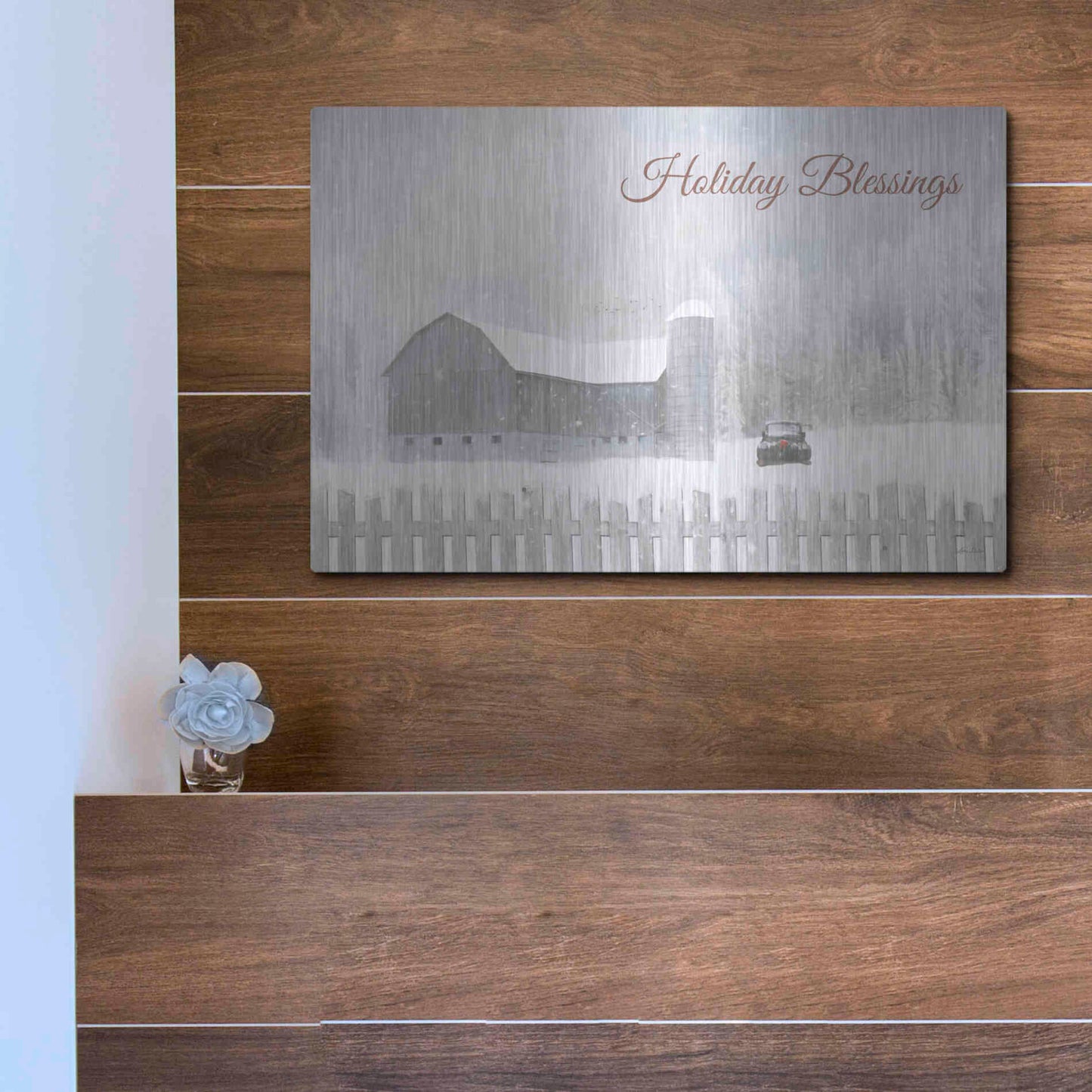 Luxe Metal Art 'Holiday Blessings with Truck' by Lori Deiter, Metal Wall Art,16x12