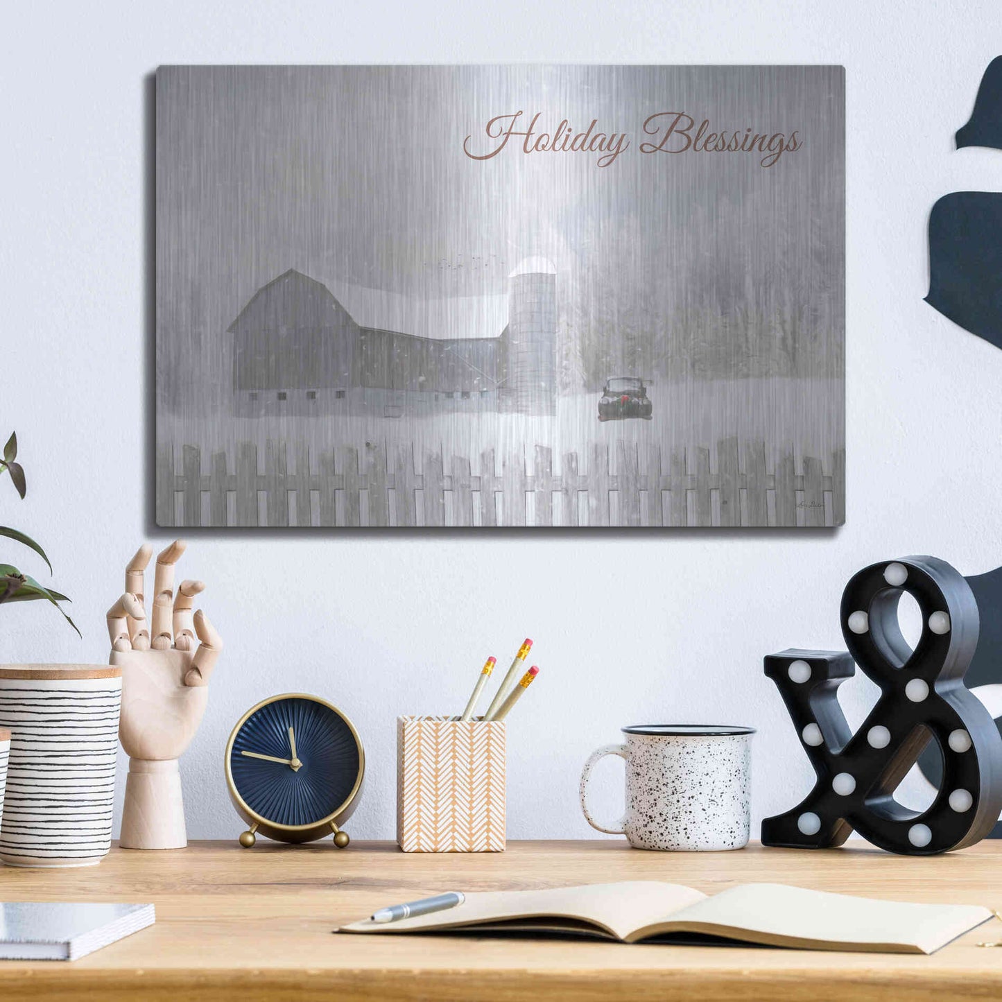 Luxe Metal Art 'Holiday Blessings with Truck' by Lori Deiter, Metal Wall Art,16x12