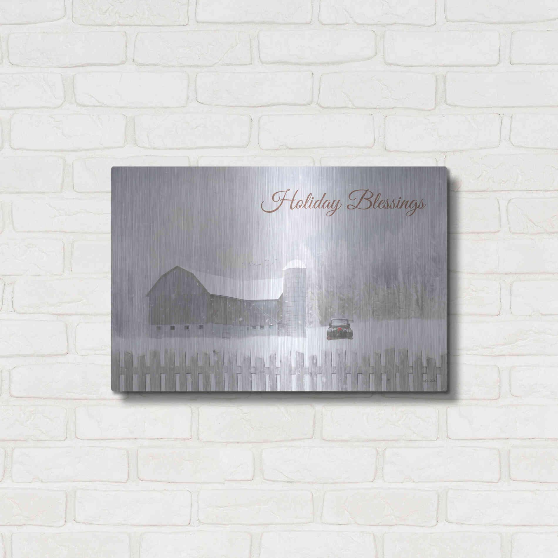 Luxe Metal Art 'Holiday Blessings with Truck' by Lori Deiter, Metal Wall Art,24x16