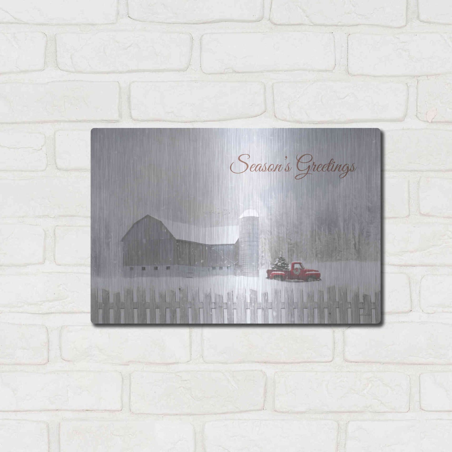 Luxe Metal Art 'Season's Greetings with Truck' by Lori Deiter, Metal Wall Art,16x12