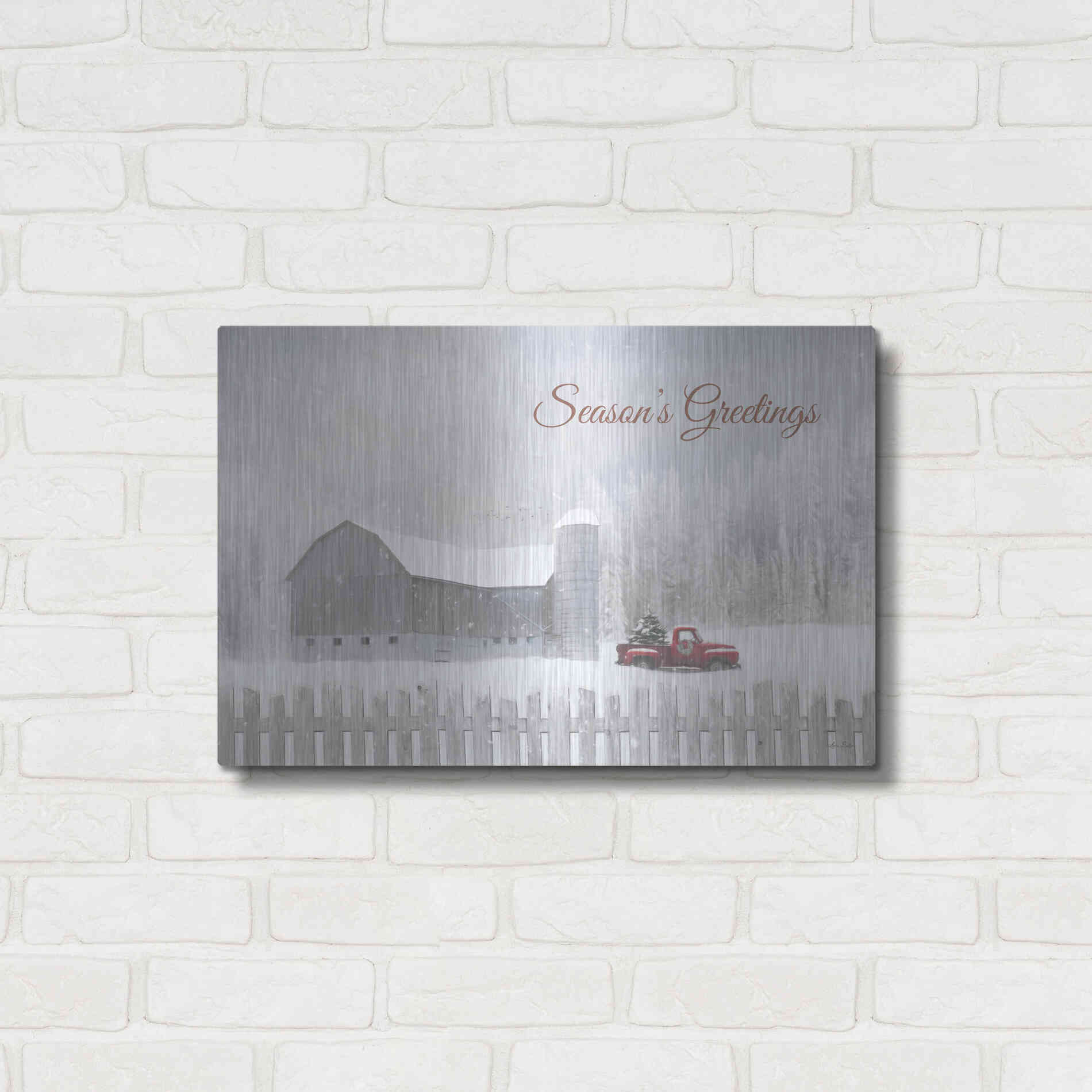 Luxe Metal Art 'Season's Greetings with Truck' by Lori Deiter, Metal Wall Art,24x16