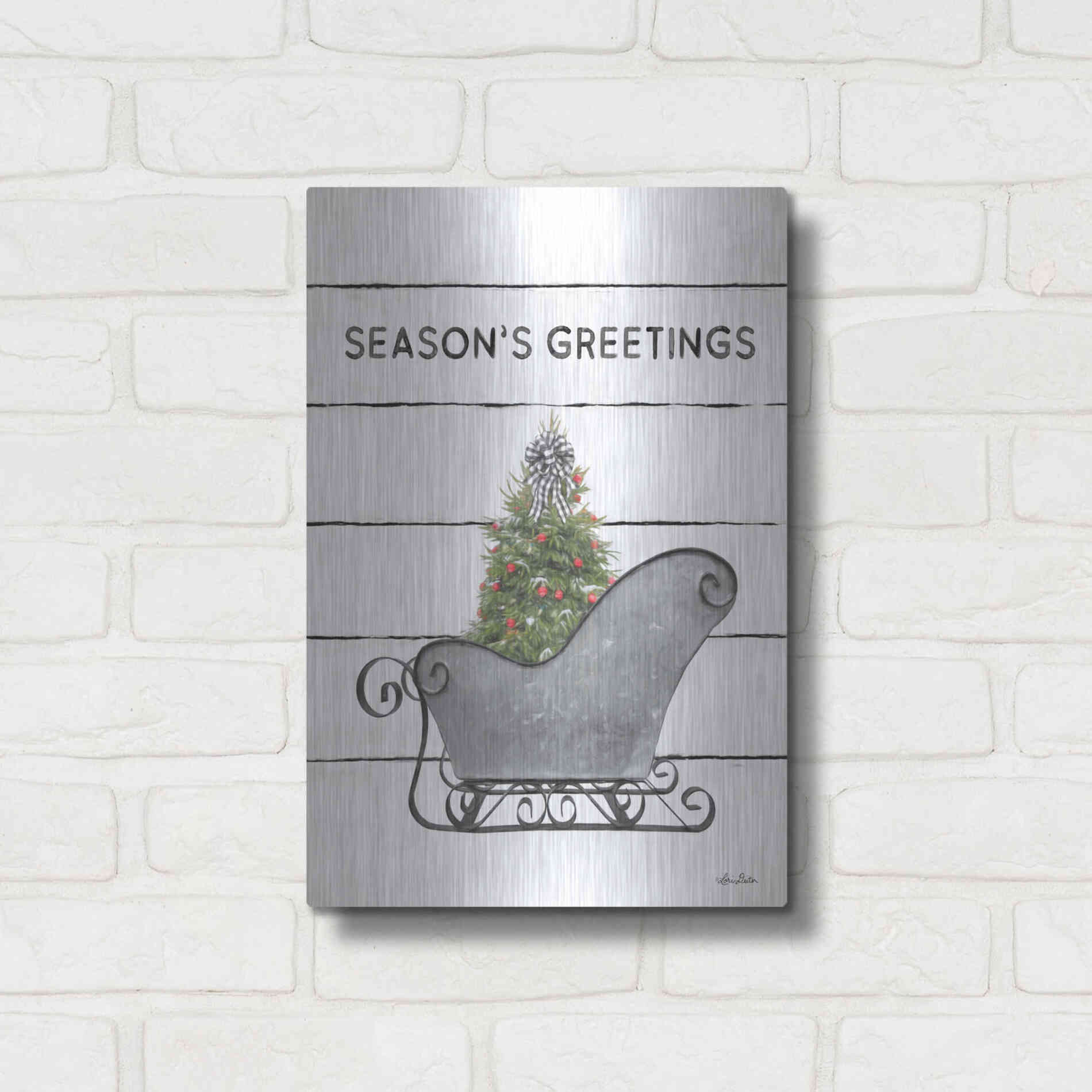 Luxe Metal Art 'Christmas Sled with Tree' by Lori Deiter, Metal Wall Art,12x16