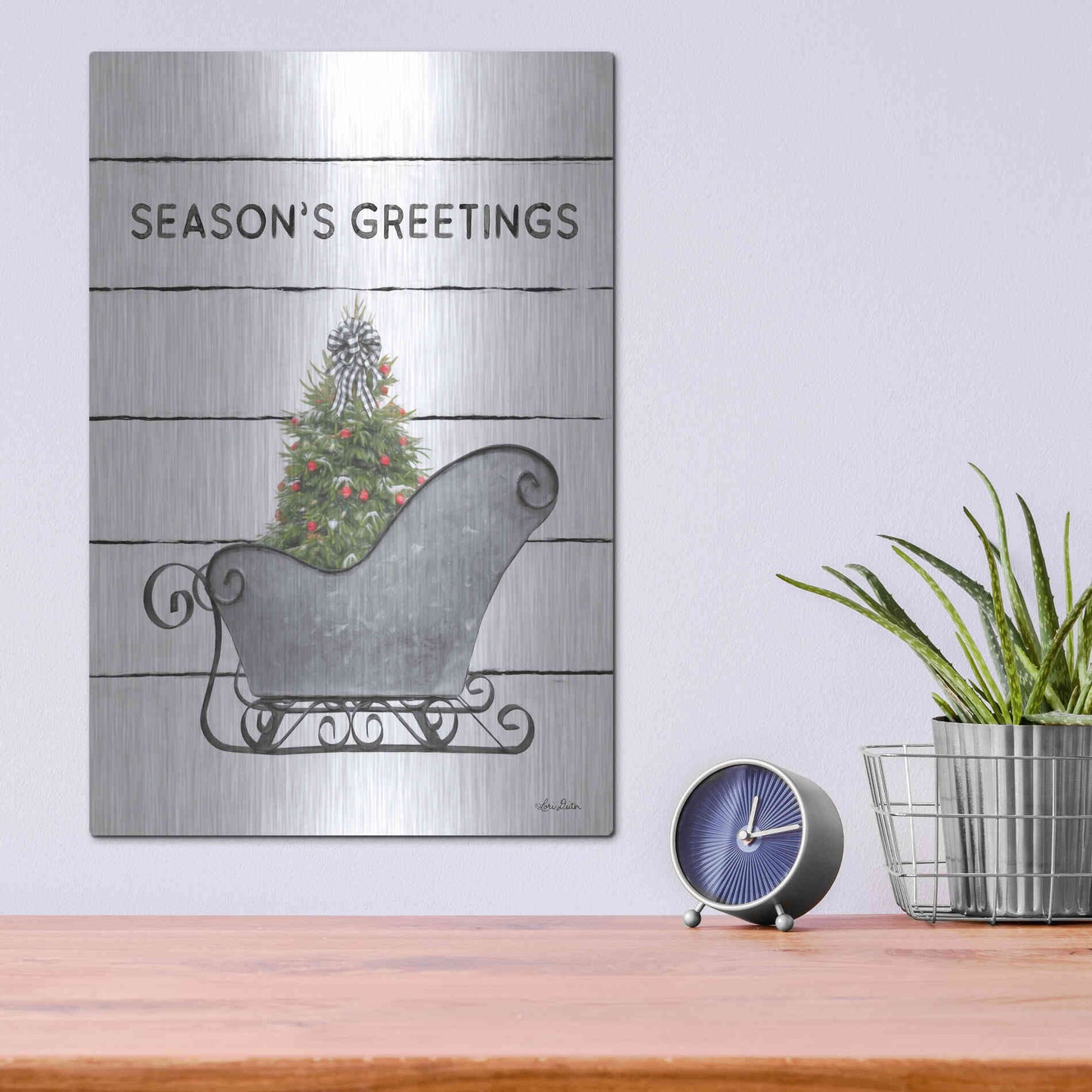 Luxe Metal Art 'Christmas Sled with Tree' by Lori Deiter, Metal Wall Art,12x16