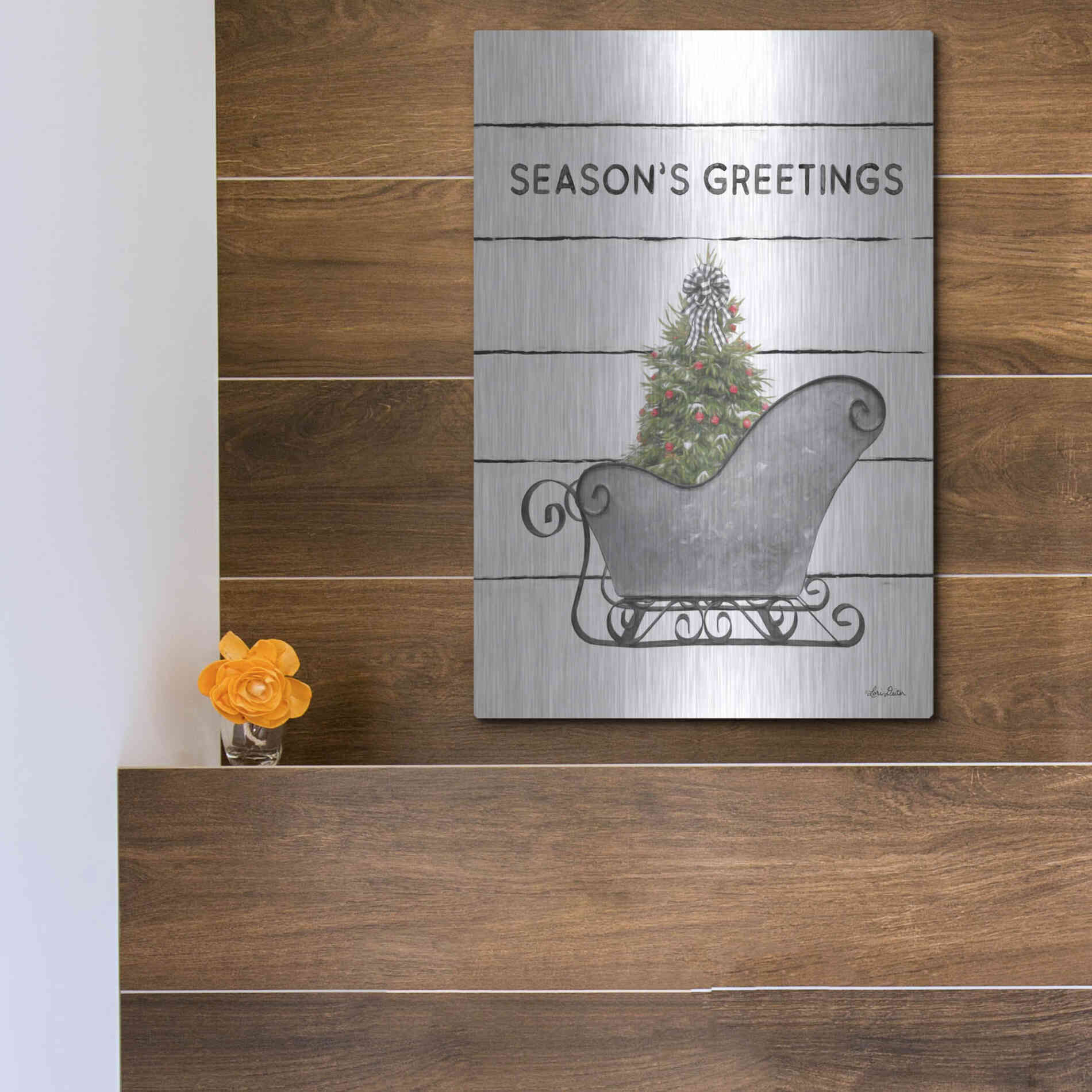 Luxe Metal Art 'Christmas Sled with Tree' by Lori Deiter, Metal Wall Art,12x16