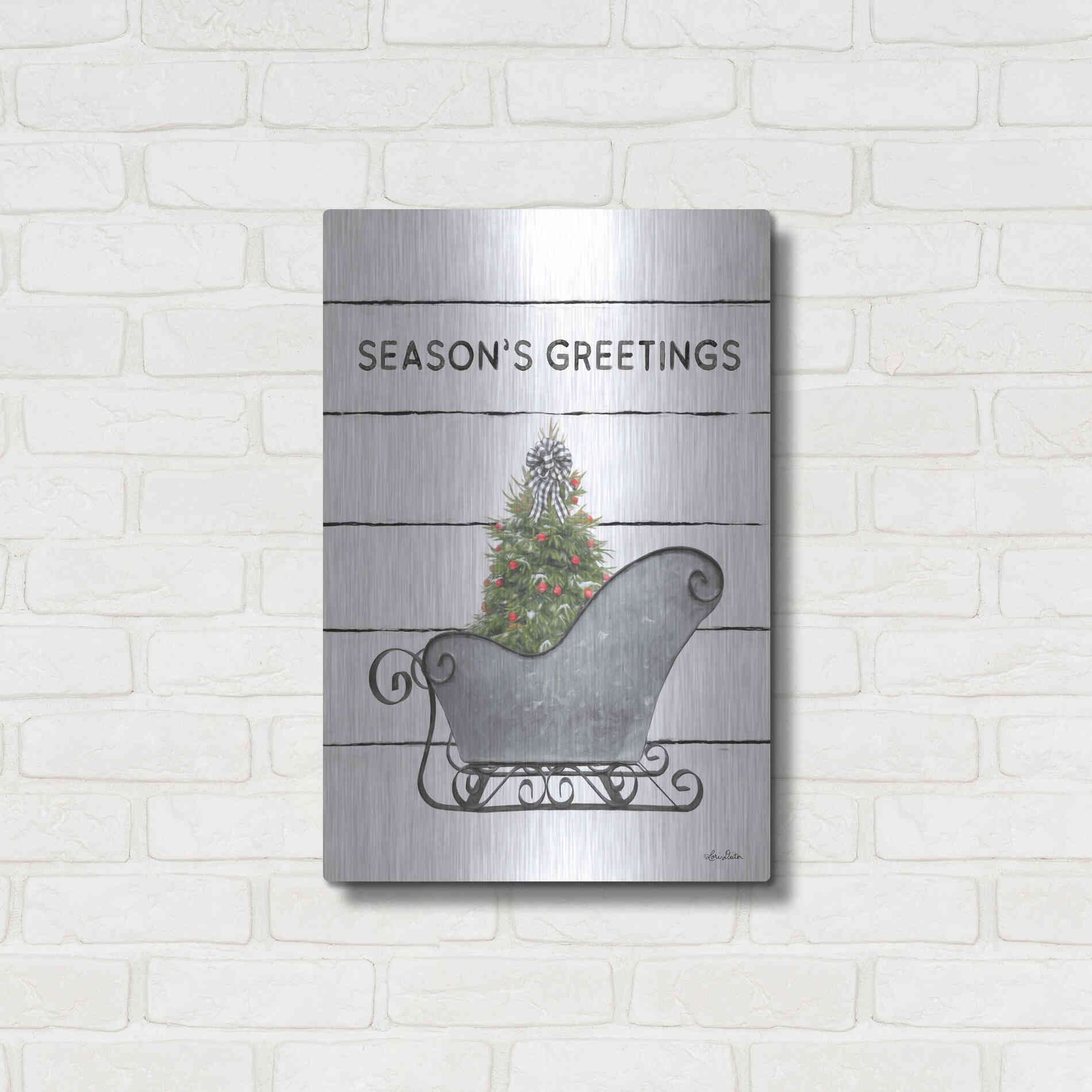 Luxe Metal Art 'Christmas Sled with Tree' by Lori Deiter, Metal Wall Art,16x24