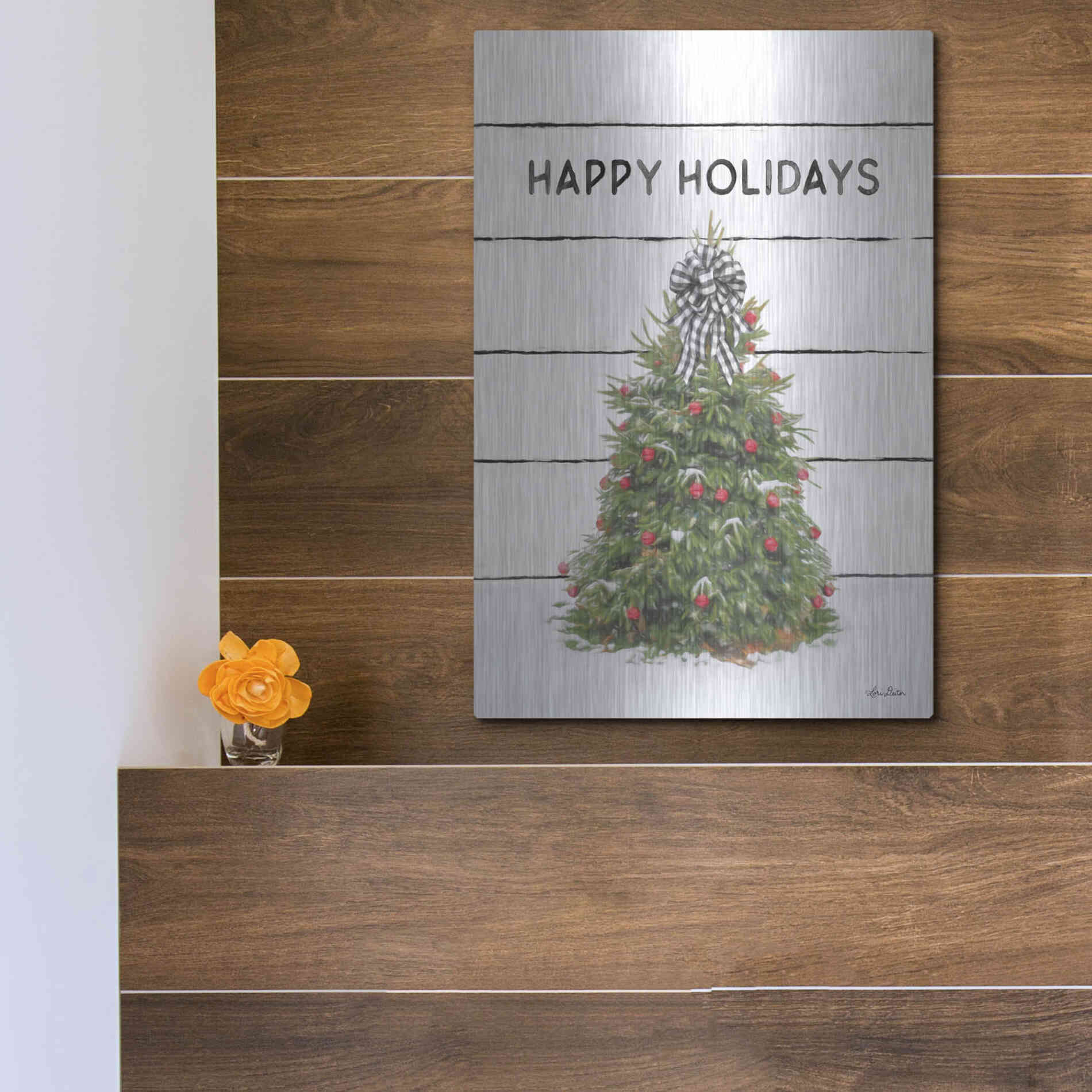 Luxe Metal Art 'Christmas Tree on Wood' by Lori Deiter, Metal Wall Art,12x16