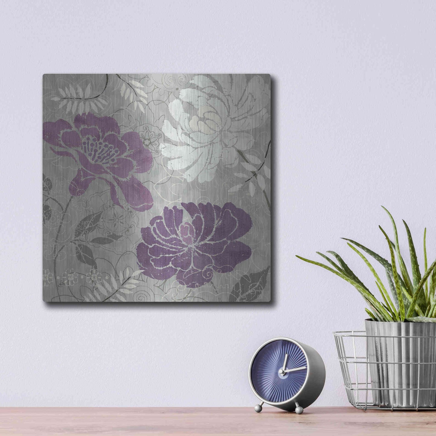 Luxe Metal Art 'Morning Tones Purple I' by Daphne Brissonet, Metal Wall Art,12x12