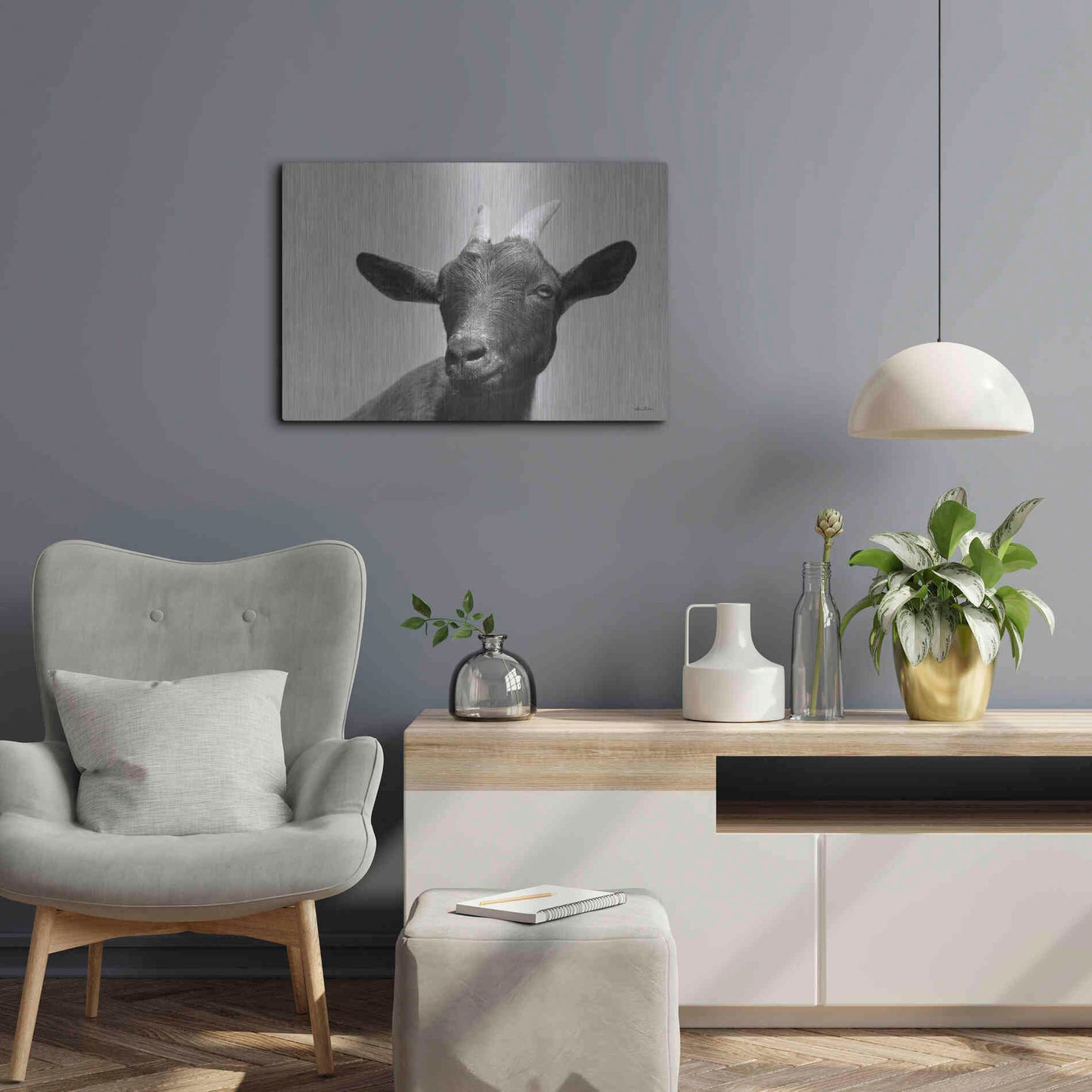 Luxe Metal Art 'Lake Tobias Goat I' by Lori Deiter, Metal Wall Art,24x16