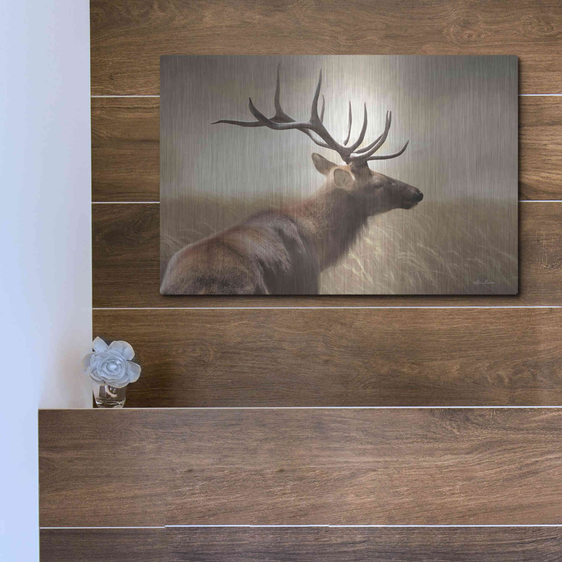 Luxe Metal Art 'Elk in the Grass' by Lori Deiter, Metal Wall Art,16x12