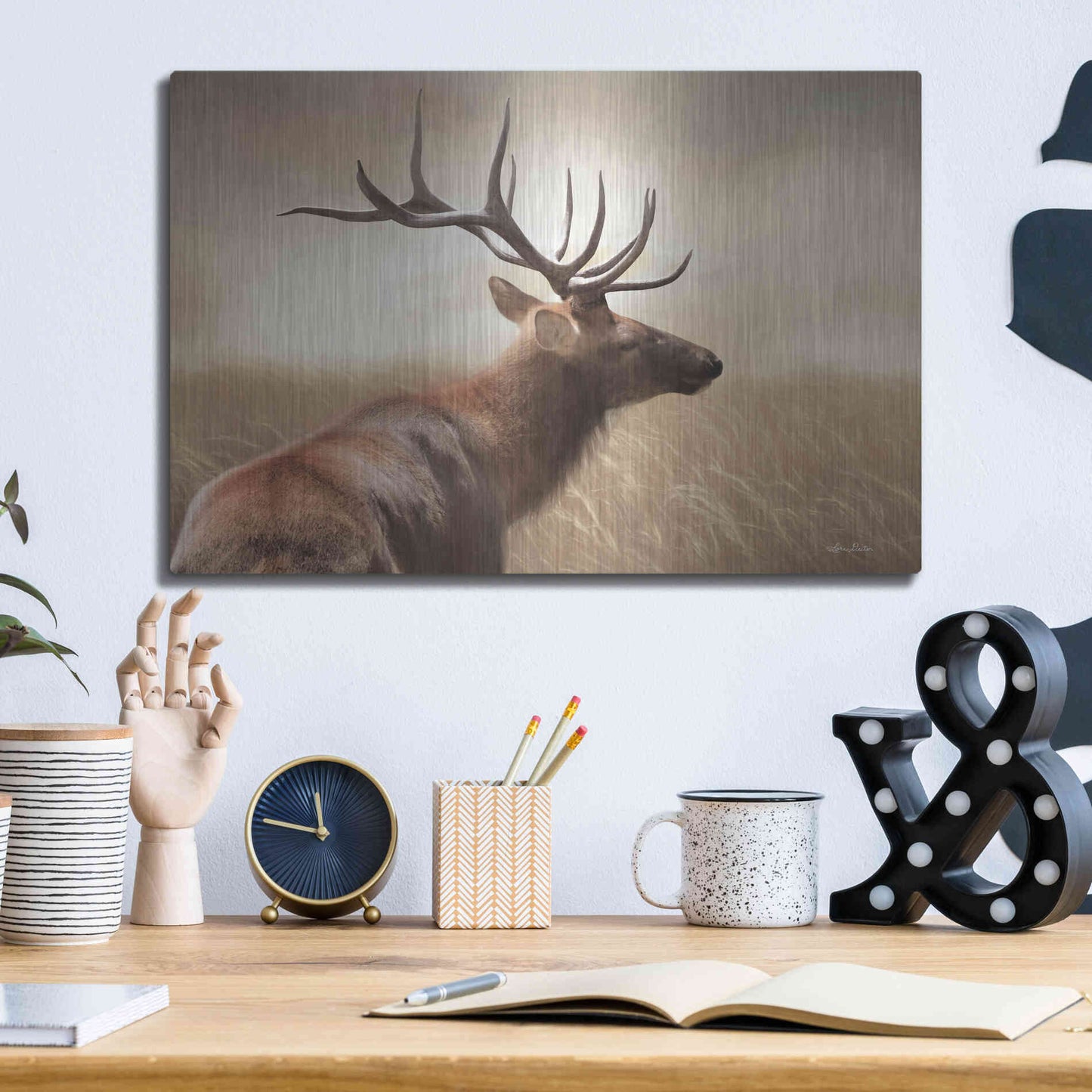 Luxe Metal Art 'Elk in the Grass' by Lori Deiter, Metal Wall Art,16x12