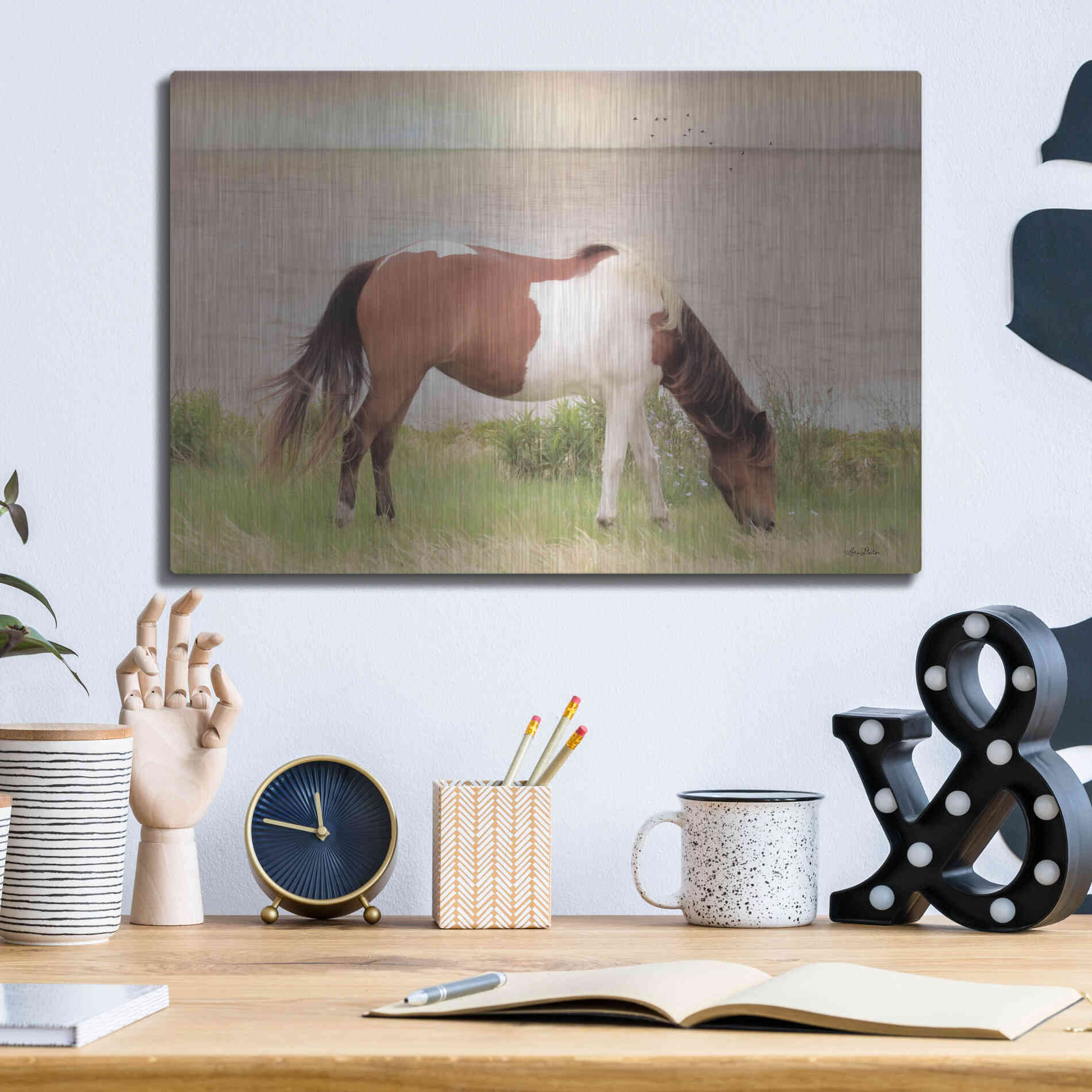 Luxe Metal Art 'Grazing on Assateague Island' by Lori Deiter, Metal Wall Art,16x12