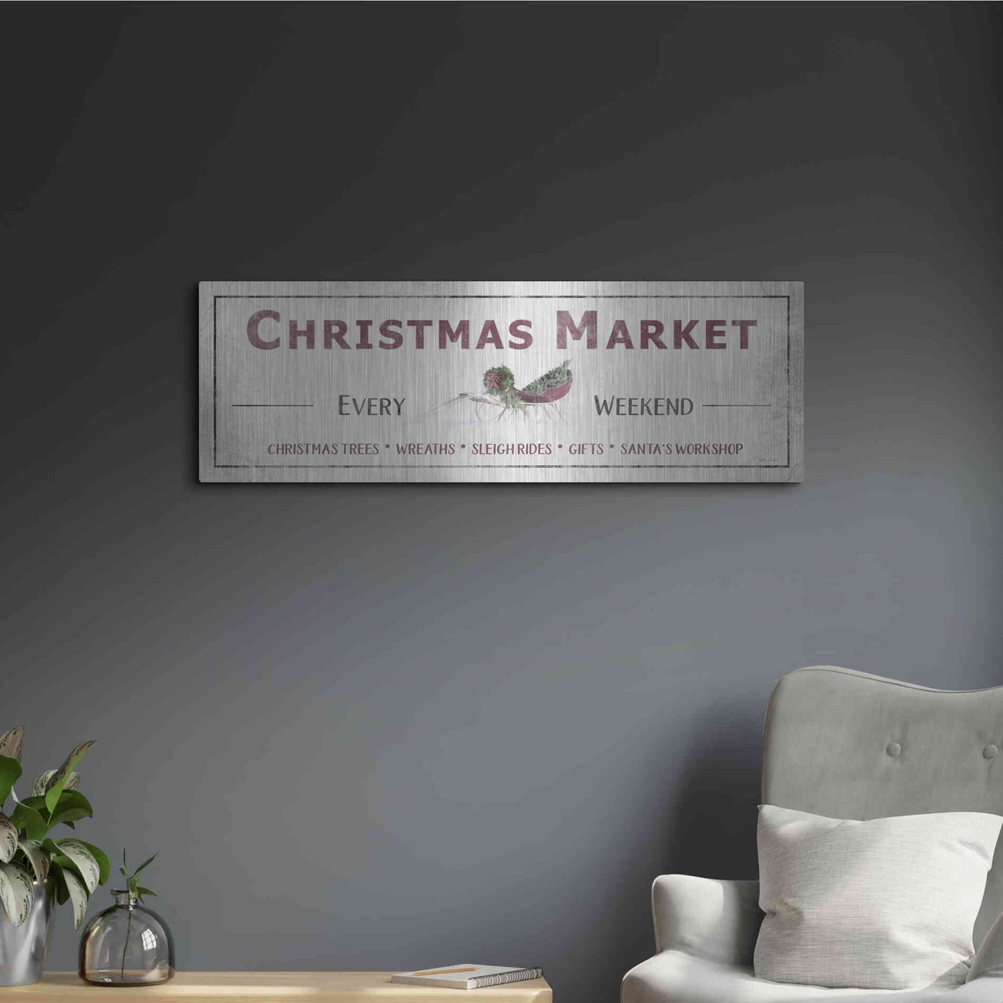Luxe Metal Art 'Christmas Market Sign II' by Lori Deiter, Metal Wall Art,36x12