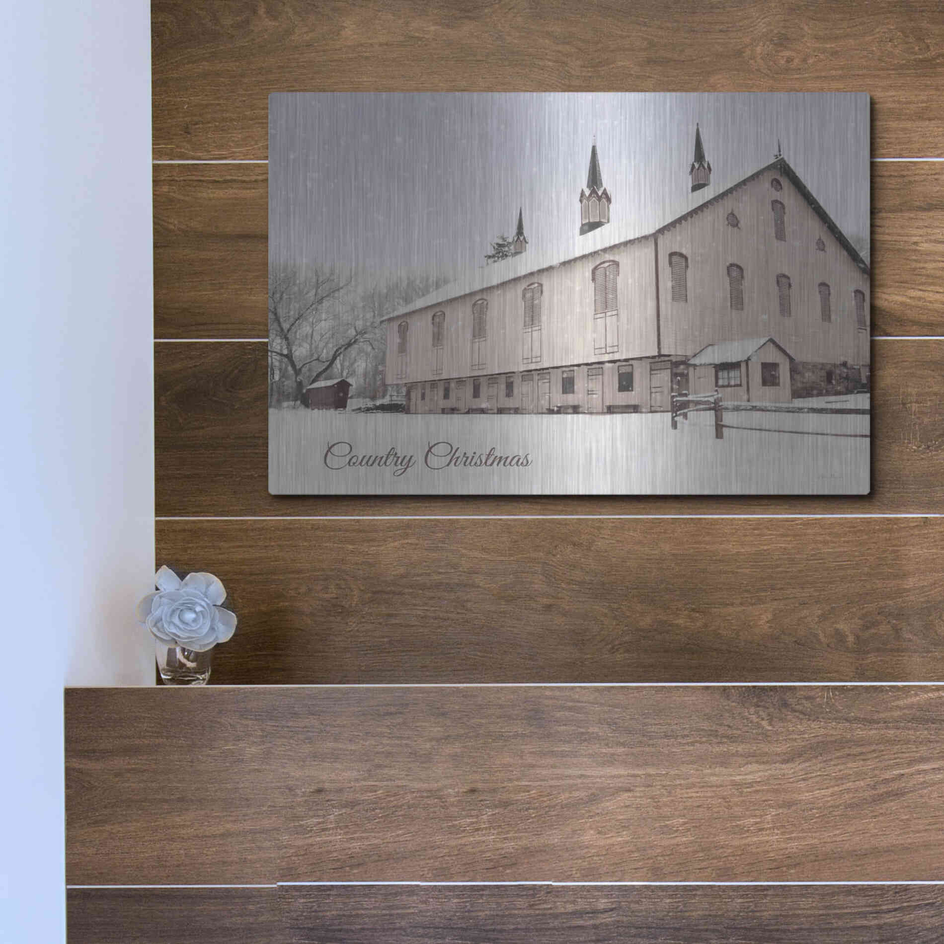 Luxe Metal Art 'Country Christmas Church' by Lori Deiter, Metal Wall Art,16x12