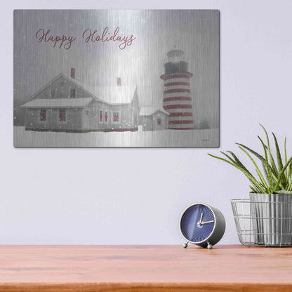 Luxe Metal Art 'Happy Holidays Lighthouse' by Lori Deiter, Metal Wall Art,16x12