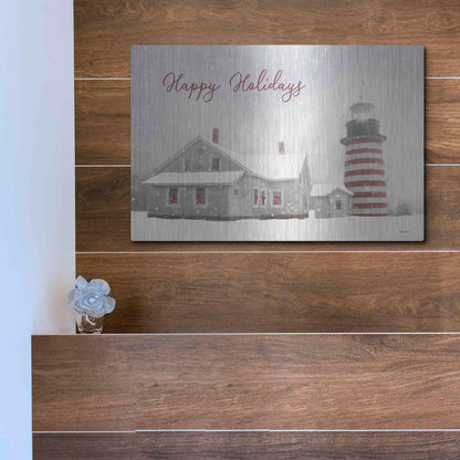 Luxe Metal Art 'Happy Holidays Lighthouse' by Lori Deiter, Metal Wall Art,16x12