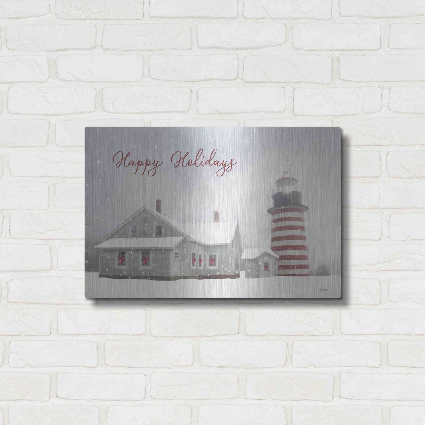 Luxe Metal Art 'Happy Holidays Lighthouse' by Lori Deiter, Metal Wall Art,24x16