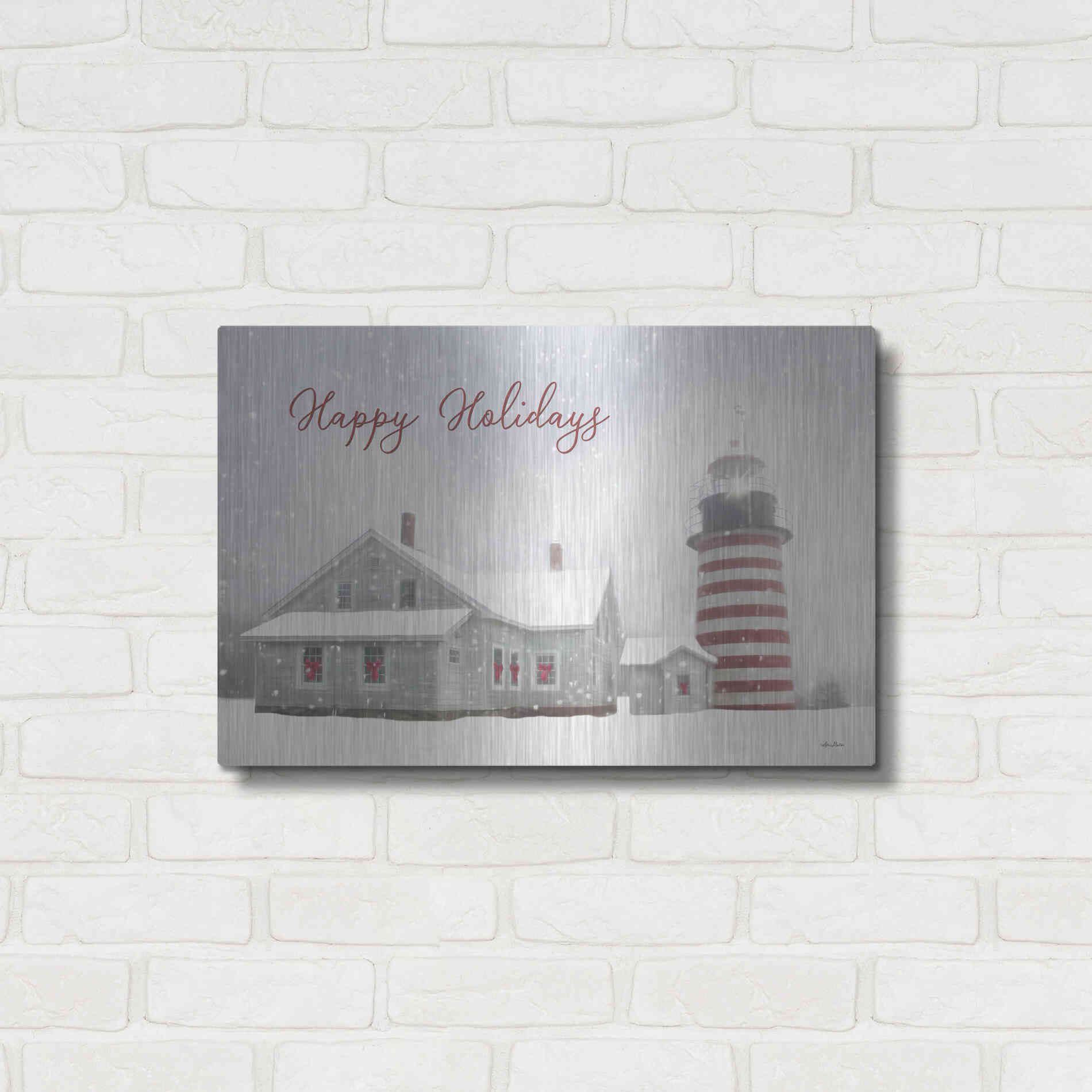 Luxe Metal Art 'Happy Holidays Lighthouse' by Lori Deiter, Metal Wall Art,24x16