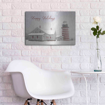 Luxe Metal Art 'Happy Holidays Lighthouse' by Lori Deiter, Metal Wall Art,24x16