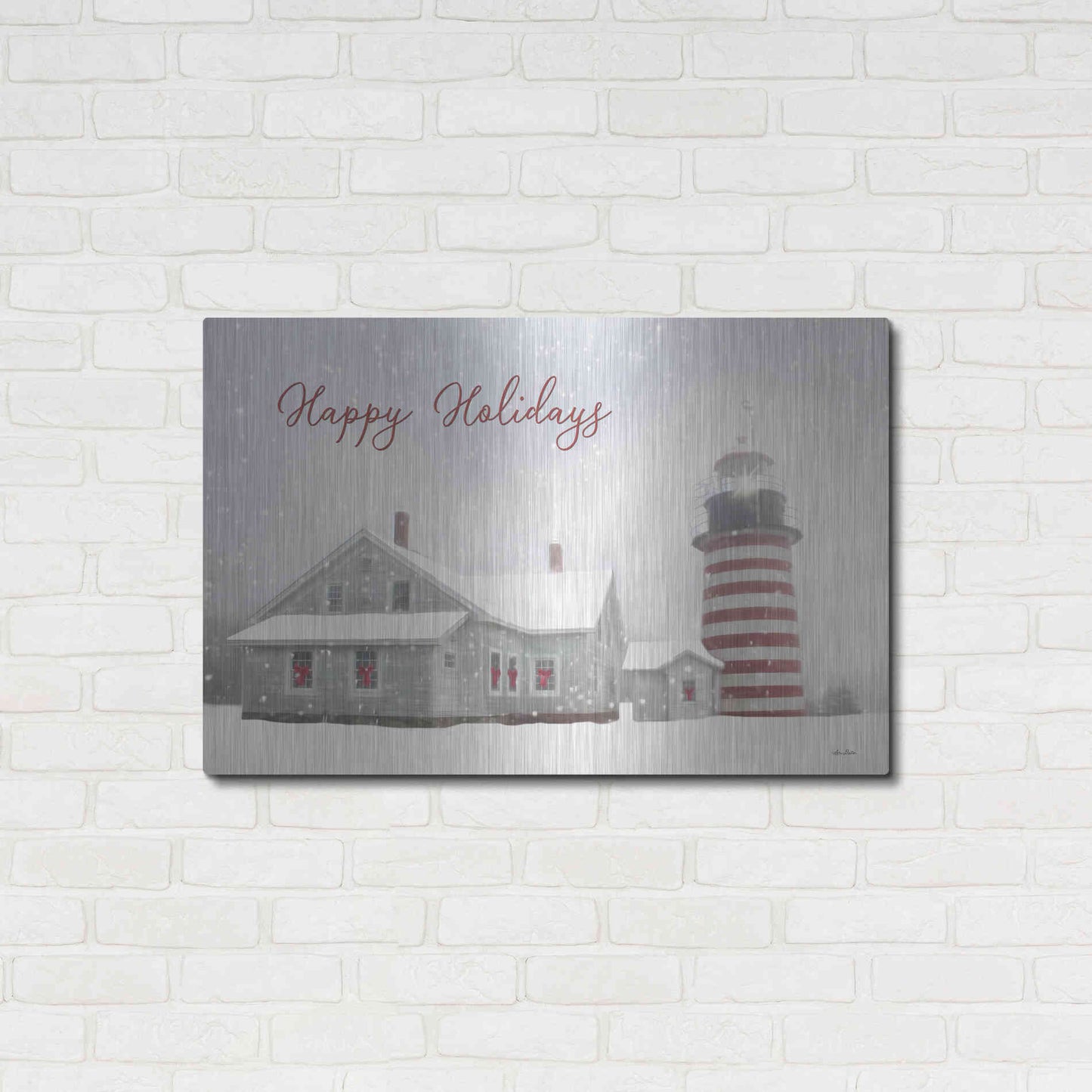 Luxe Metal Art 'Happy Holidays Lighthouse' by Lori Deiter, Metal Wall Art,36x24