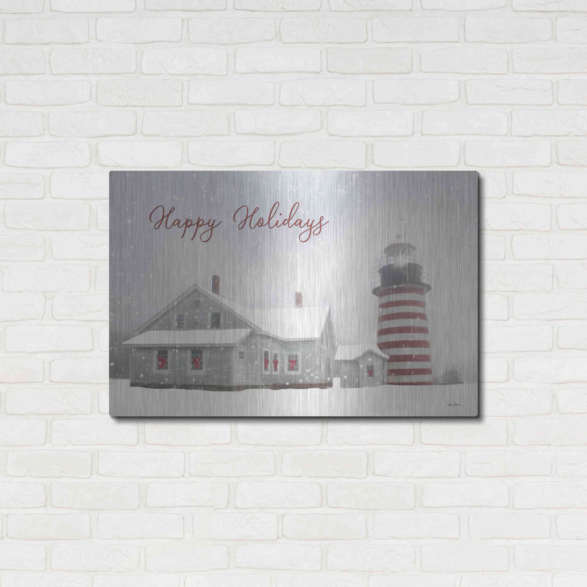 Luxe Metal Art 'Happy Holidays Lighthouse' by Lori Deiter, Metal Wall Art,36x24