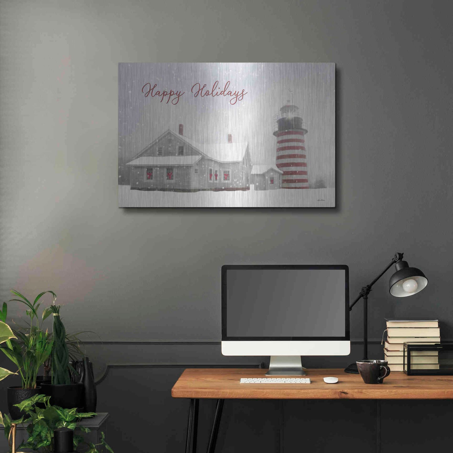 Luxe Metal Art 'Happy Holidays Lighthouse' by Lori Deiter, Metal Wall Art,36x24