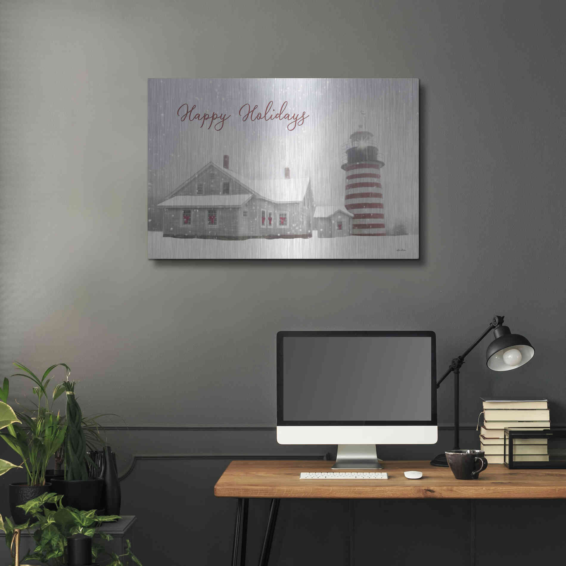 Luxe Metal Art 'Happy Holidays Lighthouse' by Lori Deiter, Metal Wall Art,36x24