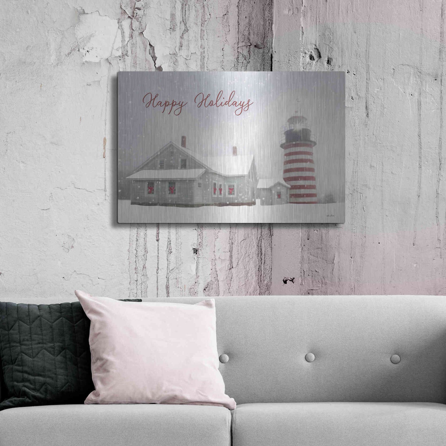 Luxe Metal Art 'Happy Holidays Lighthouse' by Lori Deiter, Metal Wall Art,36x24