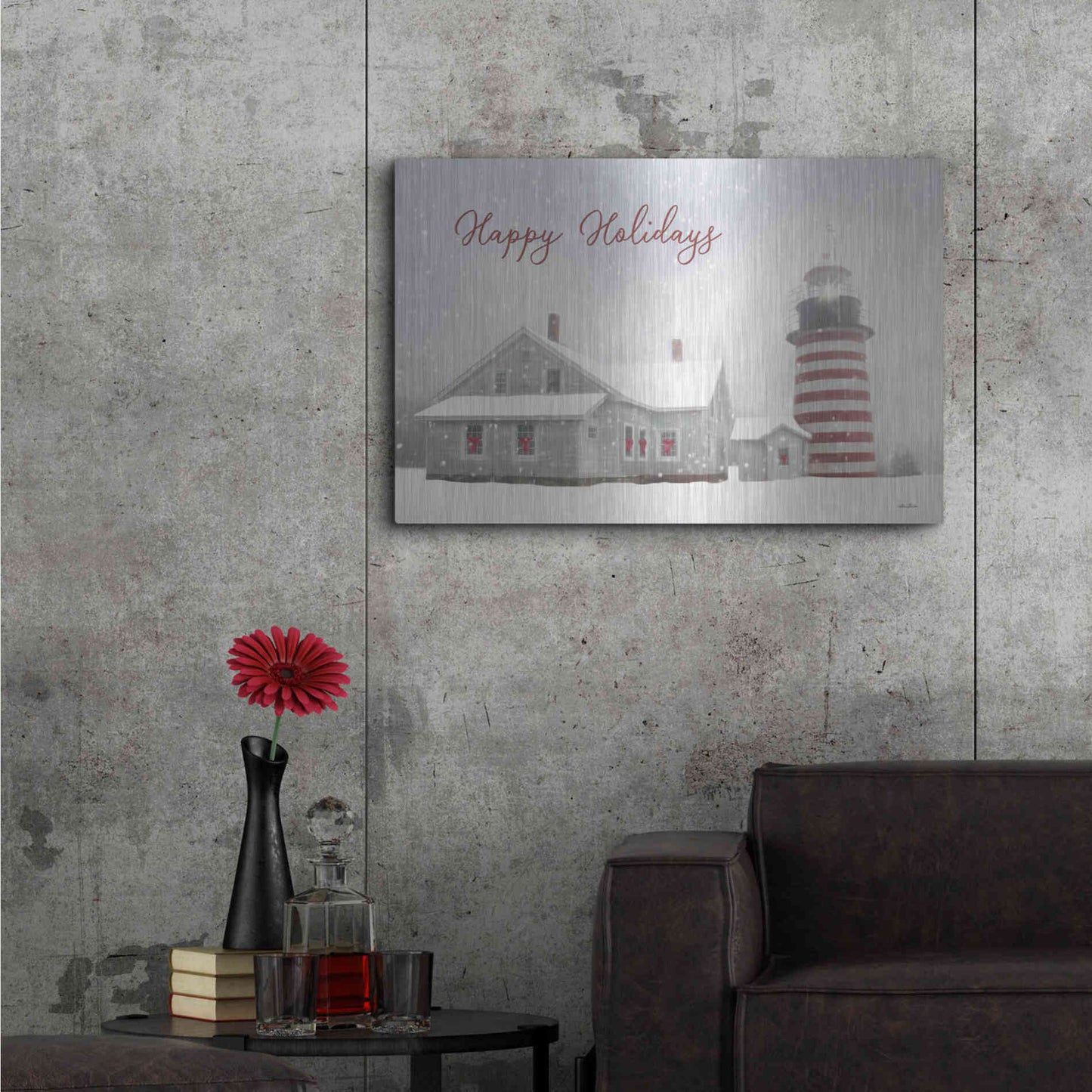 Luxe Metal Art 'Happy Holidays Lighthouse' by Lori Deiter, Metal Wall Art,36x24