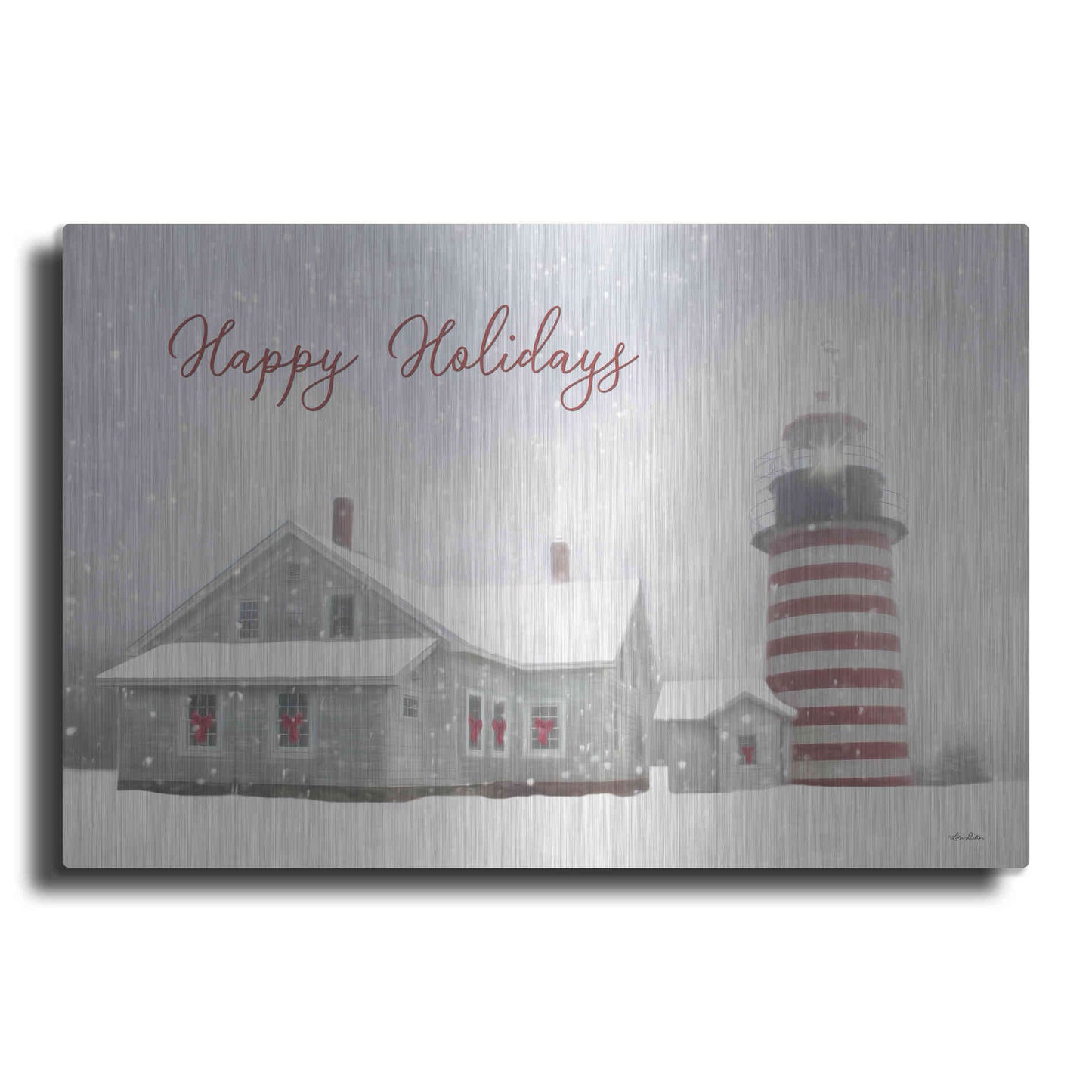 Luxe Metal Art 'Happy Holidays Lighthouse' by Lori Deiter, Metal Wall Art