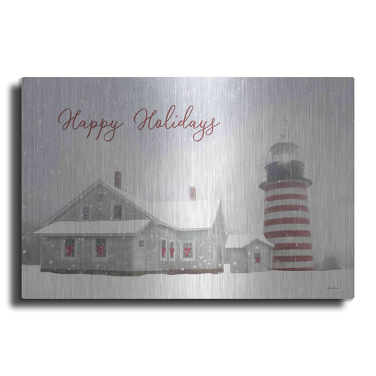 Luxe Metal Art 'Happy Holidays Lighthouse' by Lori Deiter, Metal Wall Art