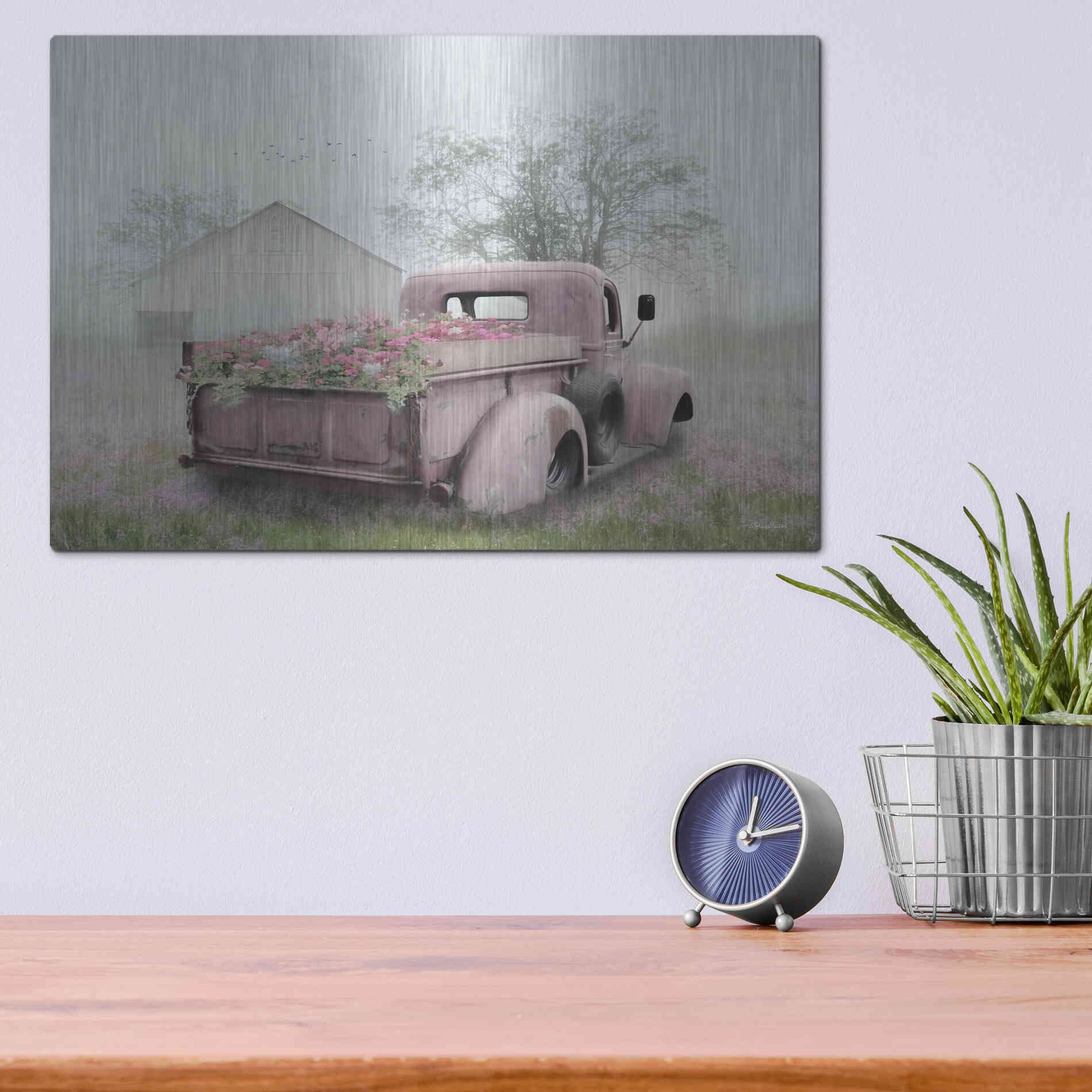 Luxe Metal Art 'Pink Flower Truck' by Lori Deiter, Metal Wall Art,16x12