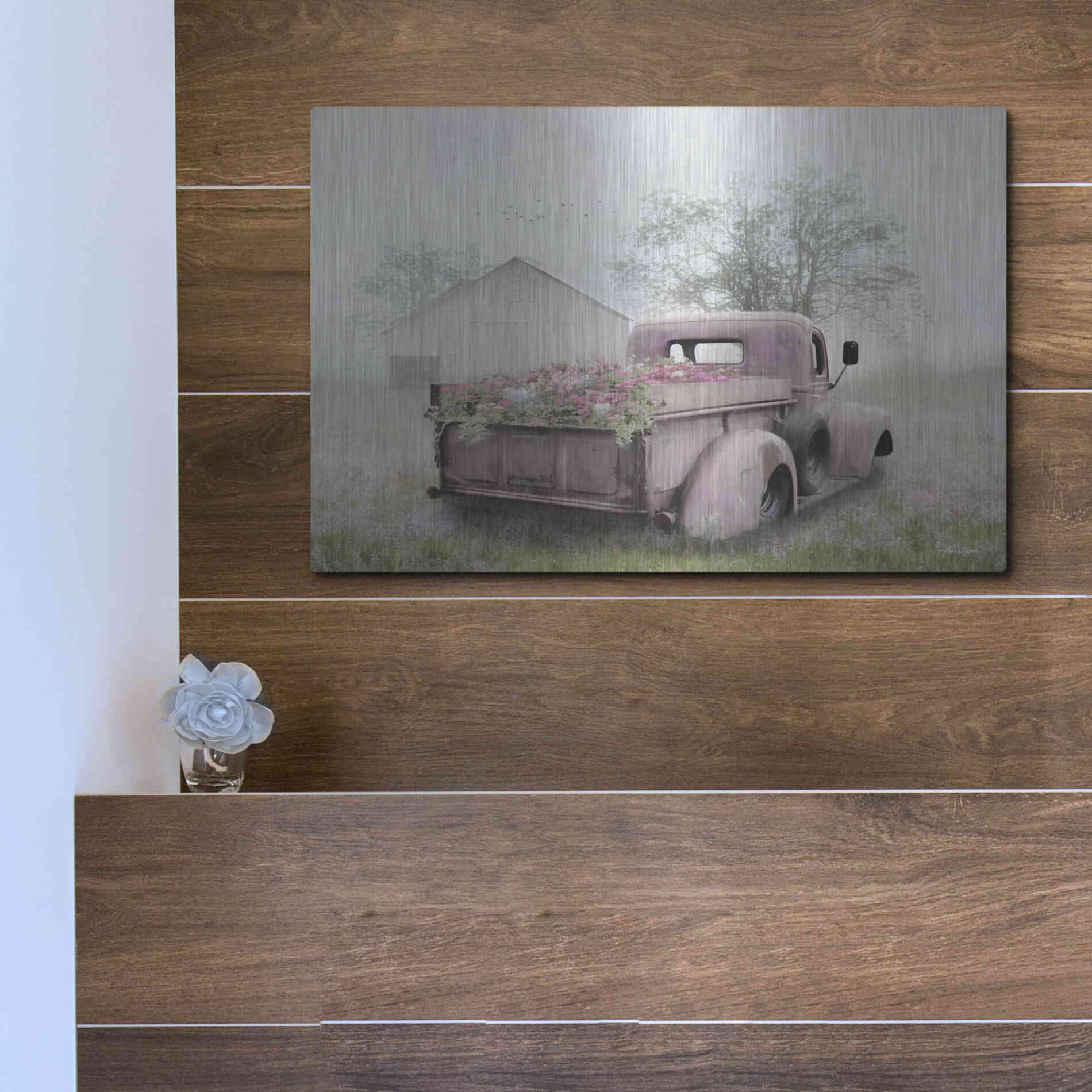 Luxe Metal Art 'Pink Flower Truck' by Lori Deiter, Metal Wall Art,16x12