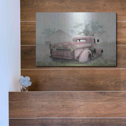 Luxe Metal Art 'Pink Flower Truck' by Lori Deiter, Metal Wall Art,16x12