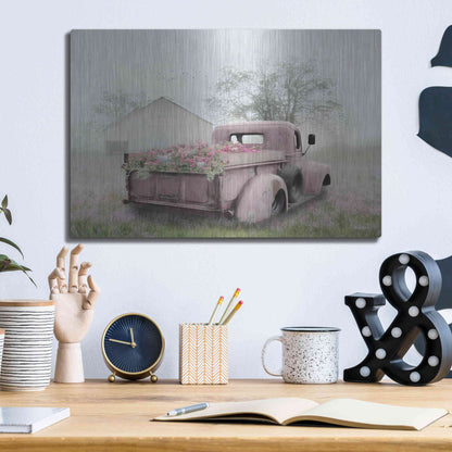 Luxe Metal Art 'Pink Flower Truck' by Lori Deiter, Metal Wall Art,16x12