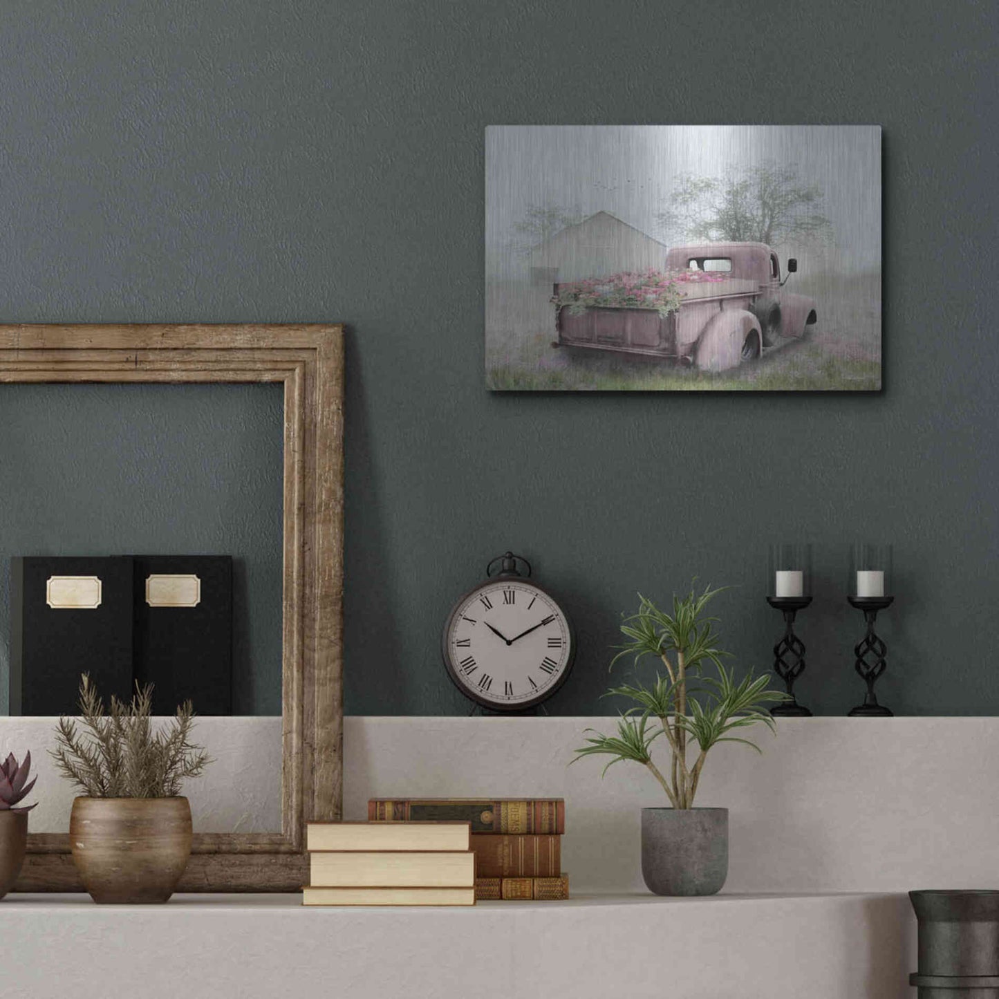 Luxe Metal Art 'Pink Flower Truck' by Lori Deiter, Metal Wall Art,16x12