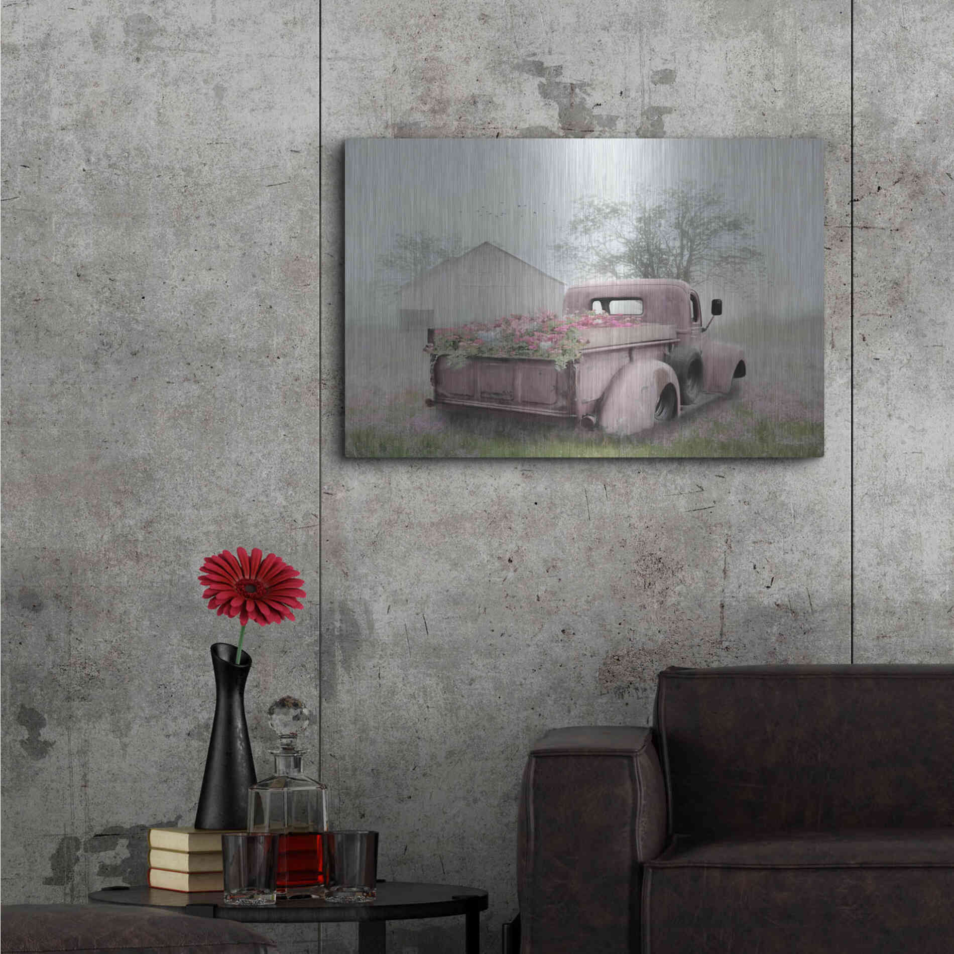 Luxe Metal Art 'Pink Flower Truck' by Lori Deiter, Metal Wall Art,36x24