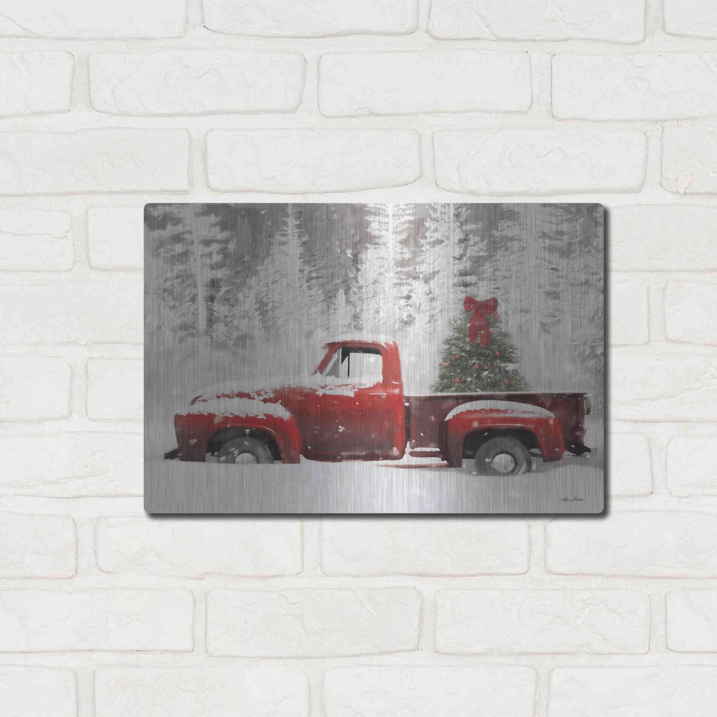 Luxe Metal Art 'Red Truck with Christmas Tree II' by Lori Deiter, Metal Wall Art,16x12